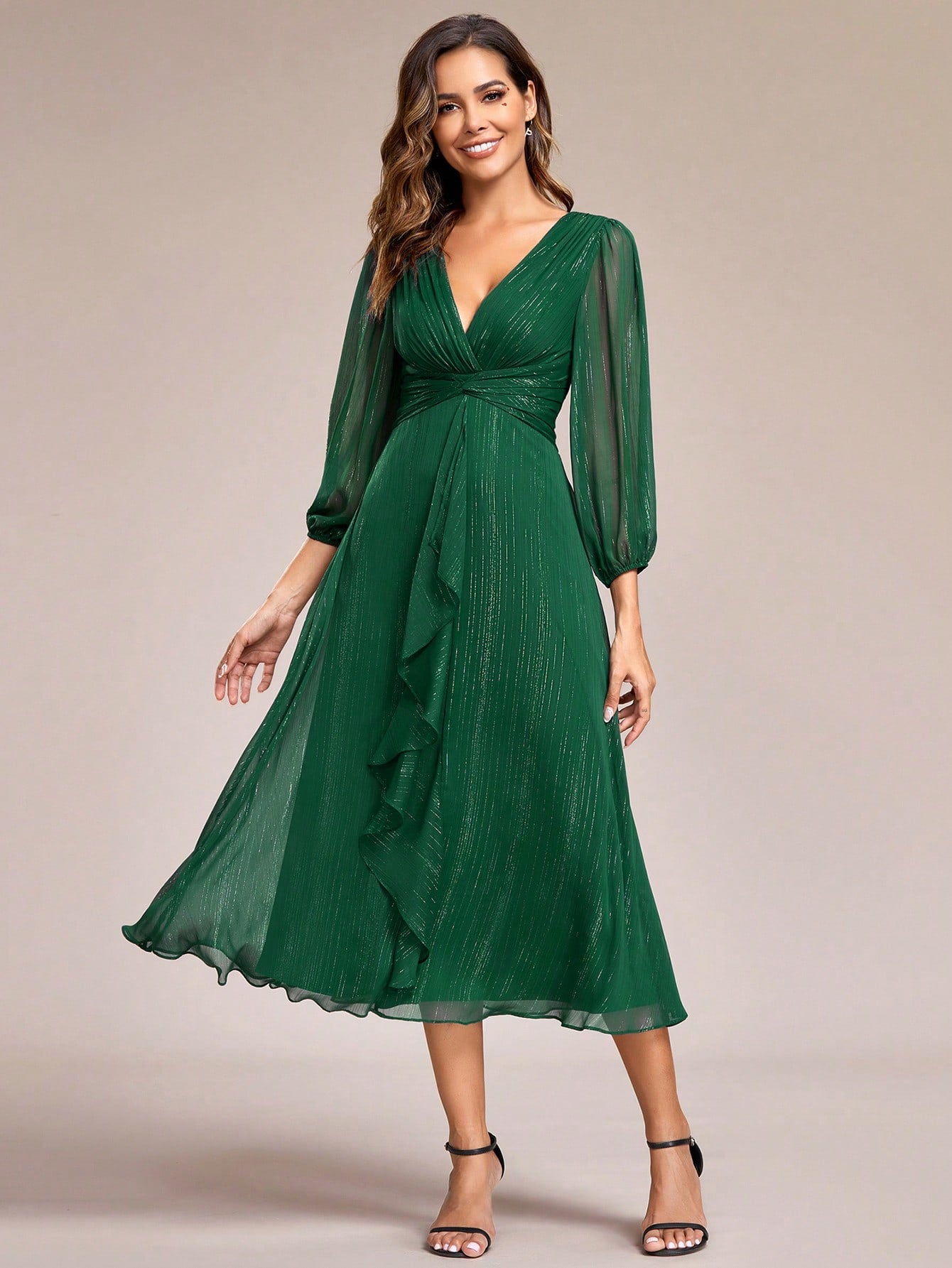 Women's Elegant V-Neck Long Sleeve Formal Dress, Shiny Twist Ruched