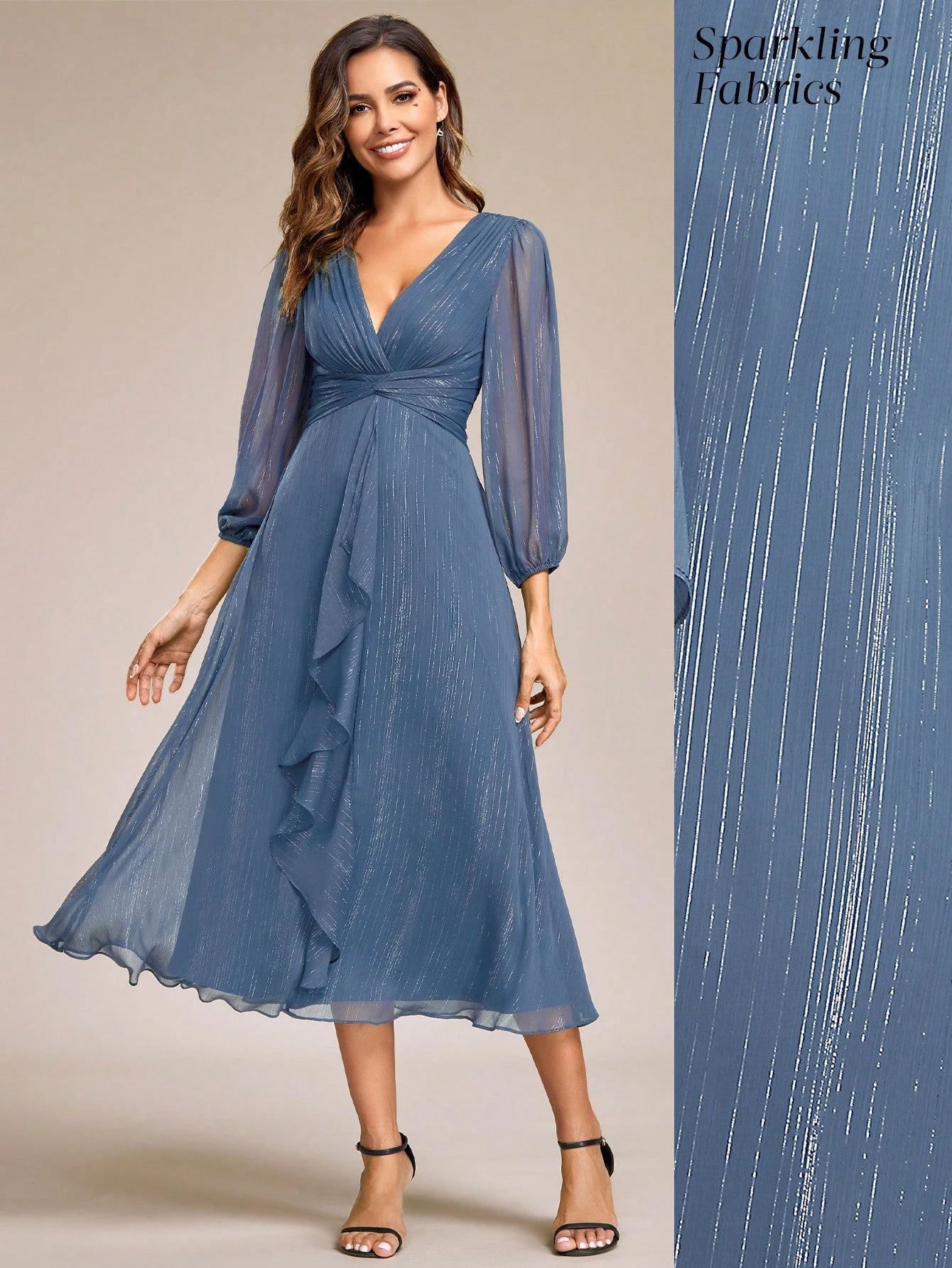 Women's Elegant V-Neck Long Sleeve Formal Dress, Shiny Twist Ruched