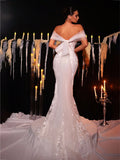 Glamrae White Spring Elegant Silky Formal Wedding Luxurious Off Shoulder Embroidered Lace Mermaid Dress With
