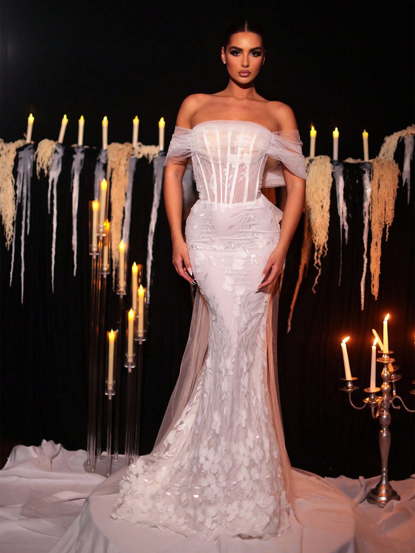 Glamrae White Spring Elegant Silky Formal Wedding Luxurious Off Shoulder Embroidered Lace Mermaid Dress With - image 5