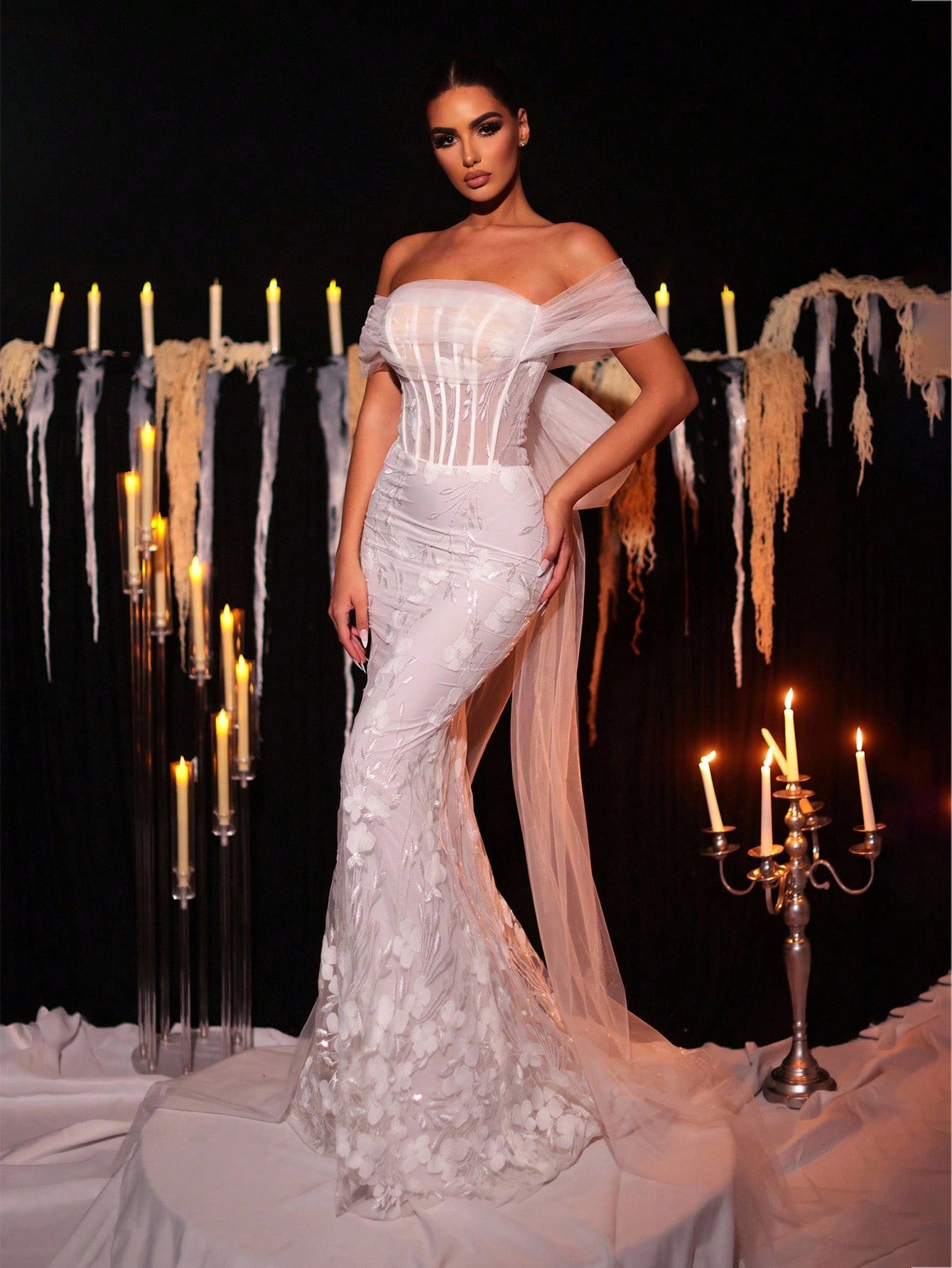Glamrae White Spring Elegant Silky Formal Wedding Luxurious Off Shoulder Embroidered Lace Mermaid Dress With - image 6