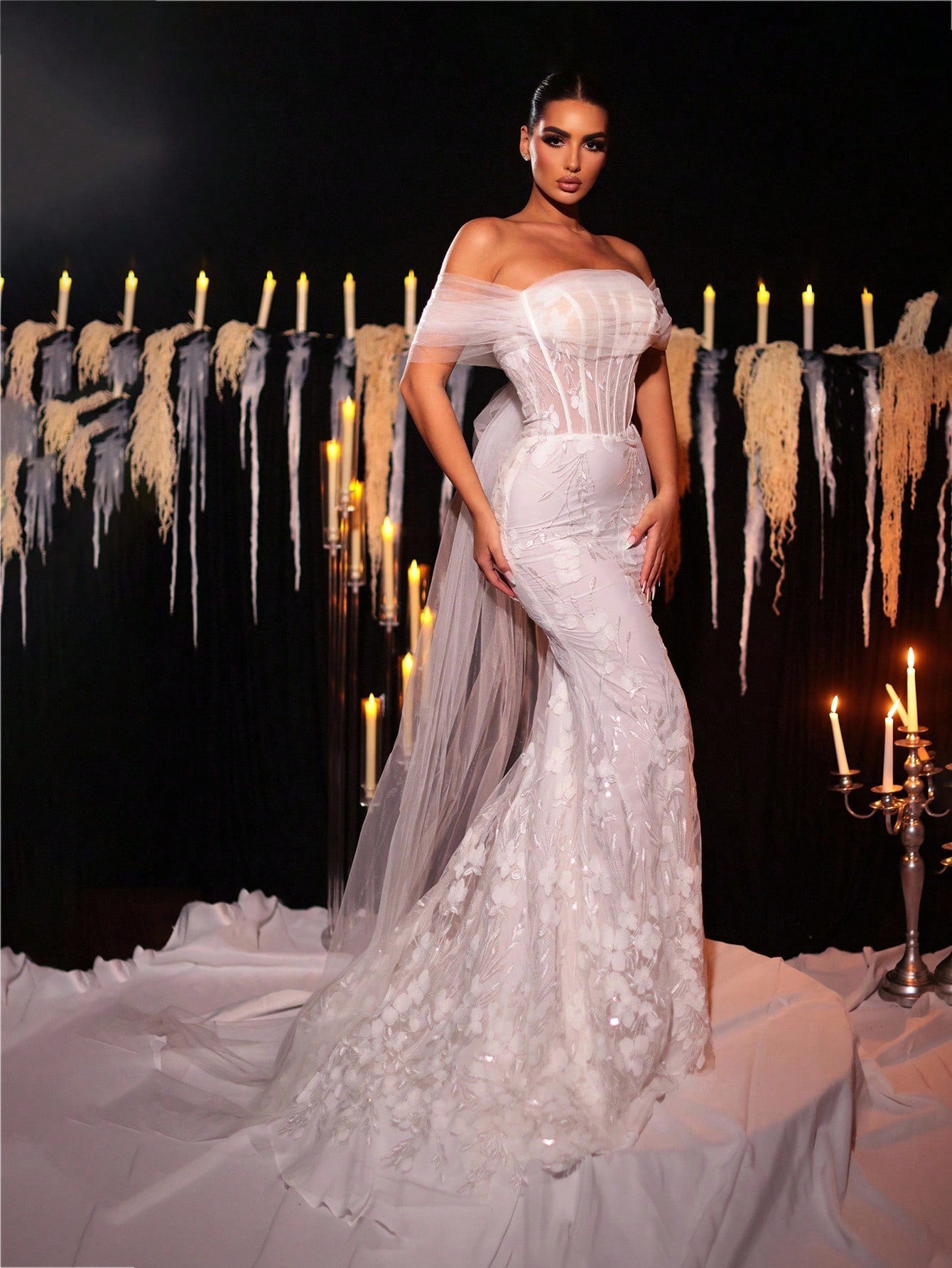Glamrae White Spring Elegant Silky Formal Wedding Luxurious Off Shoulder Embroidered Lace Mermaid Dress With - image 7