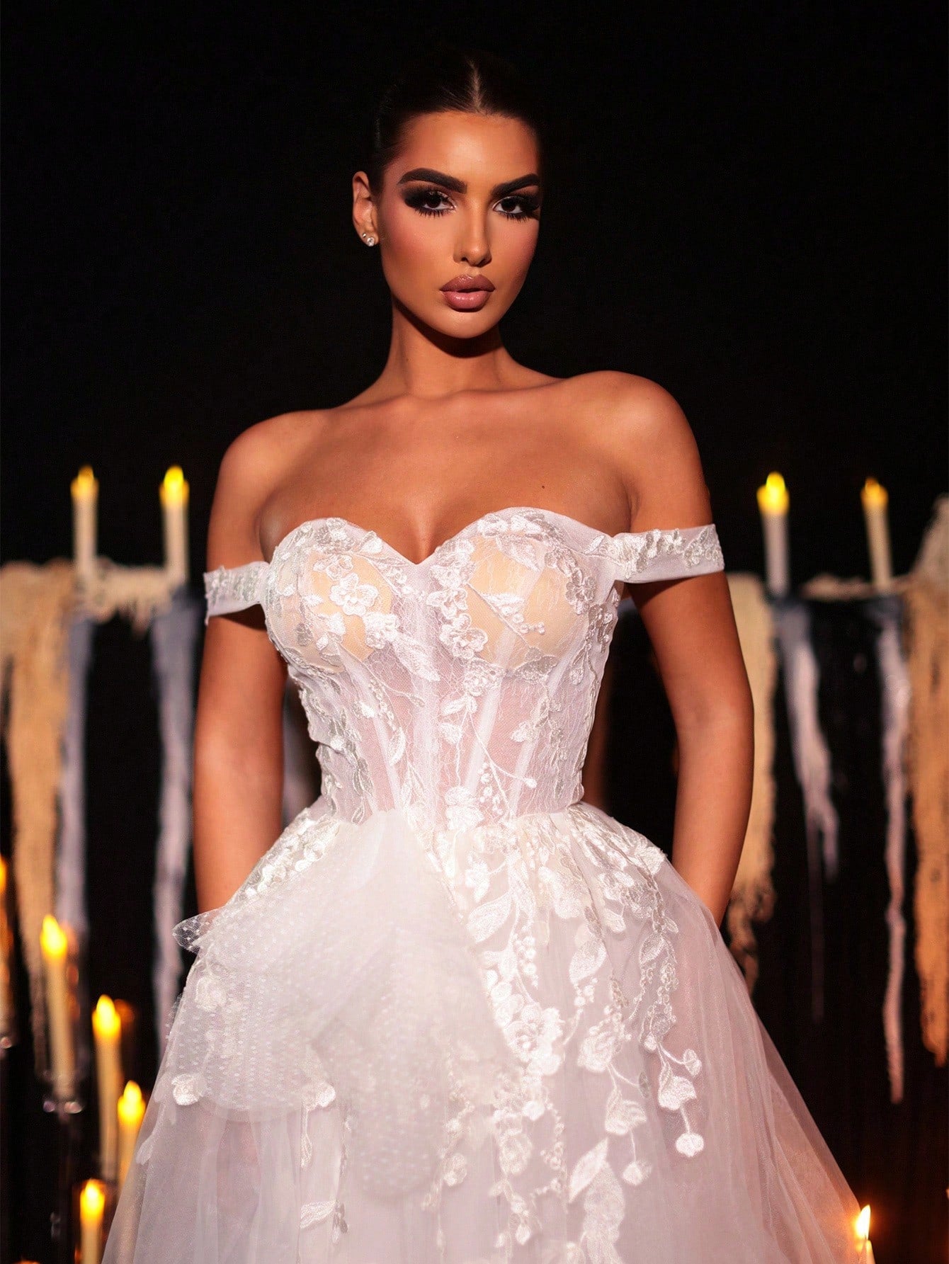 Glamrae White Spring Elegant Wedding Luxurious Embroidered Lace Applique Off Shoulder High Slit Maxi Dress - image 2