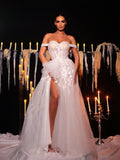Glamrae White Spring Elegant Wedding Luxurious Embroidered Lace Applique Off Shoulder High Slit Maxi Dress