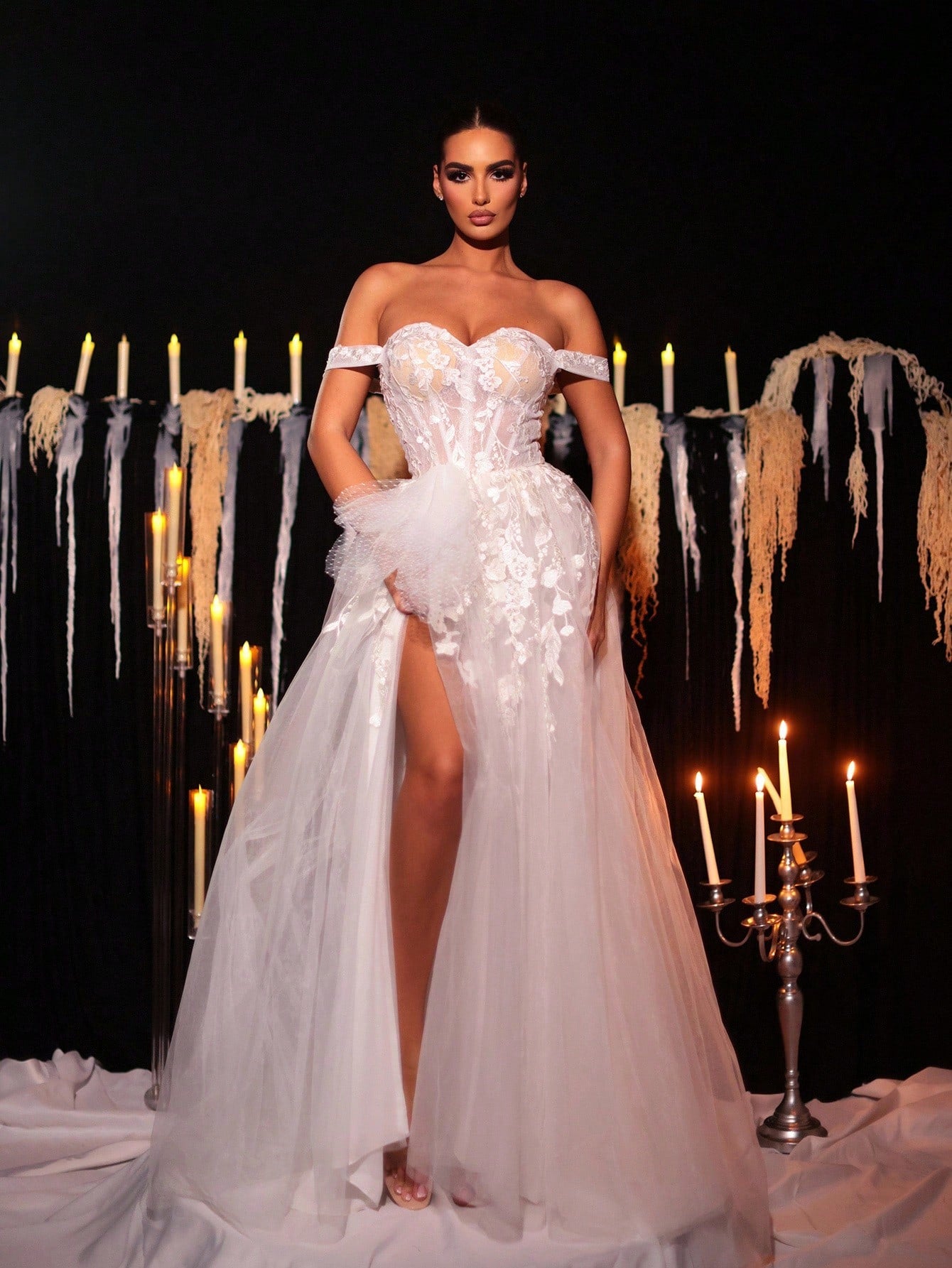Glamrae White Spring Elegant Wedding Luxurious Embroidered Lace Applique Off Shoulder High Slit Maxi Dress