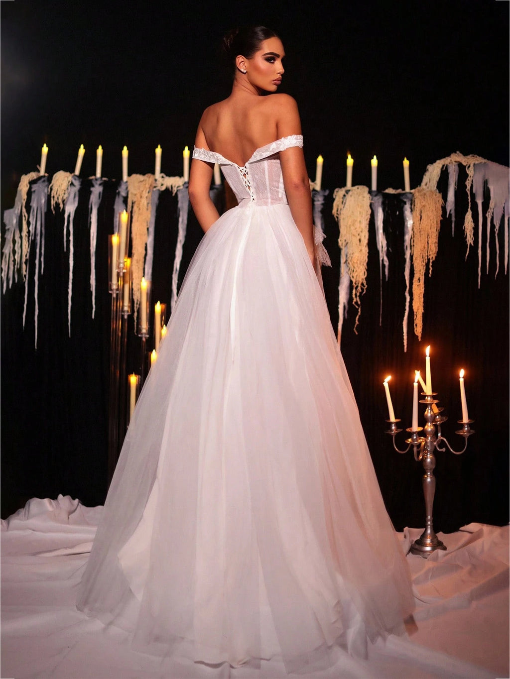 Glamrae White Spring Elegant Wedding Luxurious Embroidered Lace Applique Off Shoulder High Slit Maxi Dress - image 3