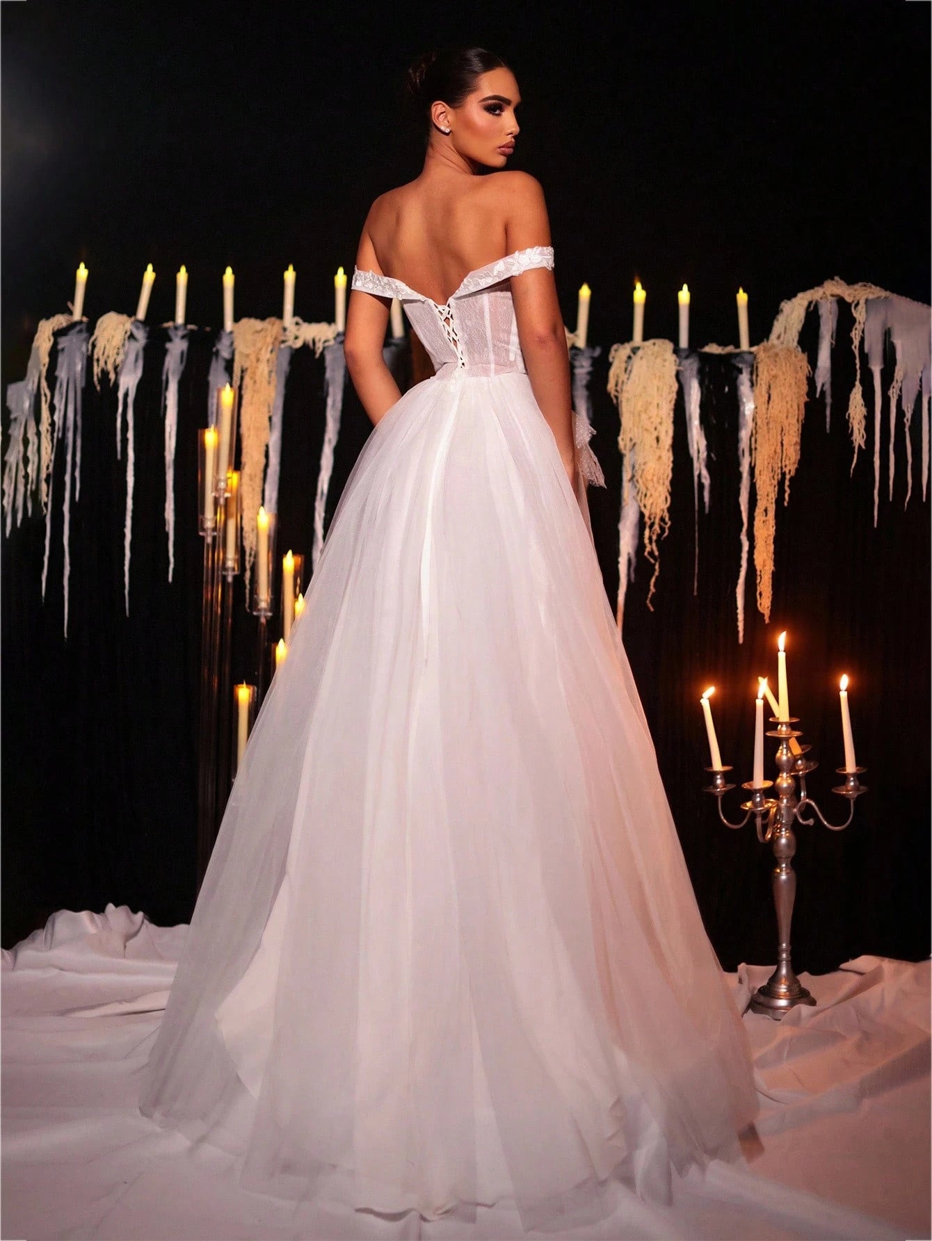 Glamrae White Spring Elegant Wedding Luxurious Embroidered Lace Applique Off Shoulder High Slit Maxi Dress - image 3