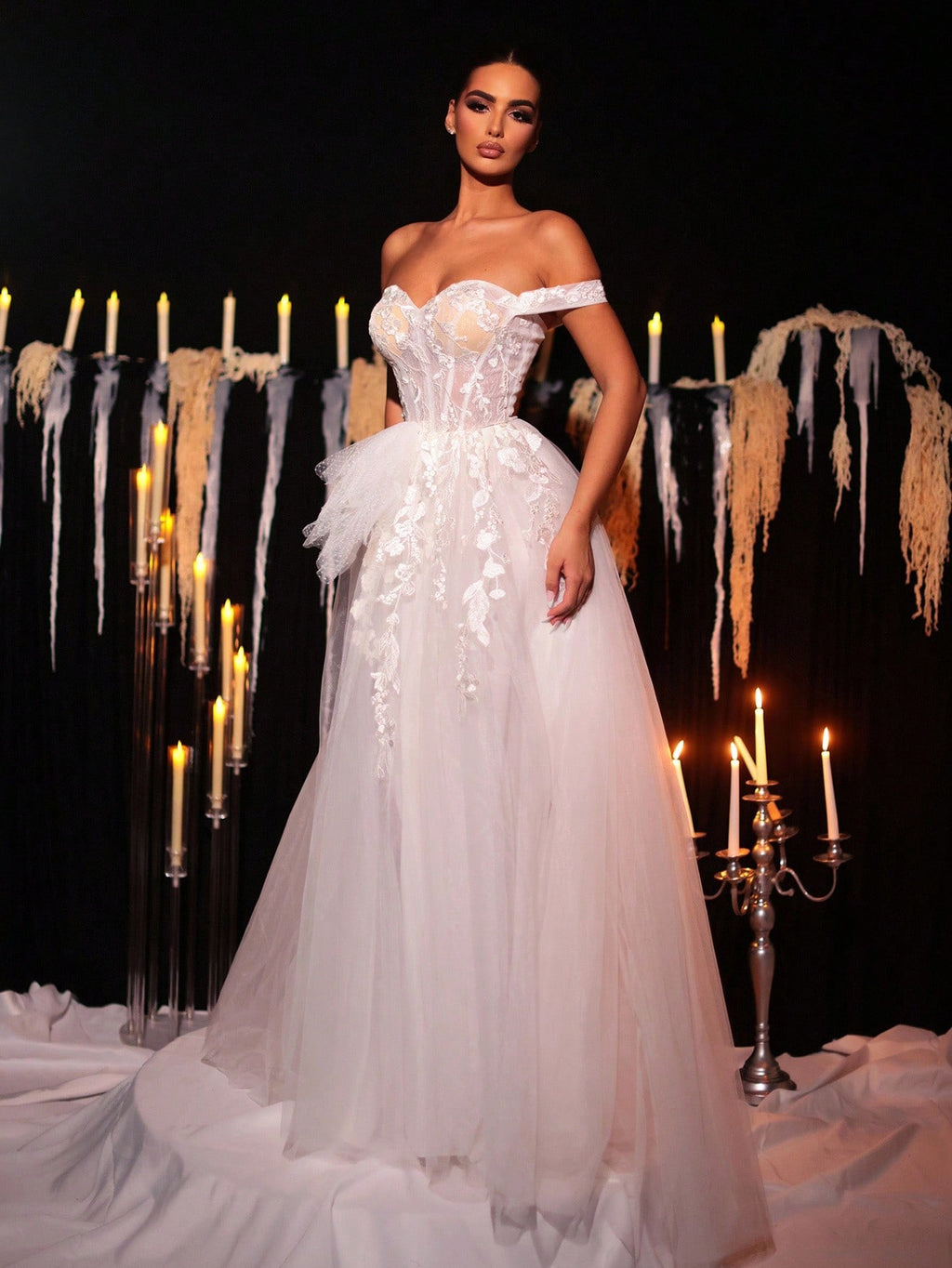 Glamrae White Spring Elegant Wedding Luxurious Embroidered Lace Applique Off Shoulder High Slit Maxi Dress - image 7