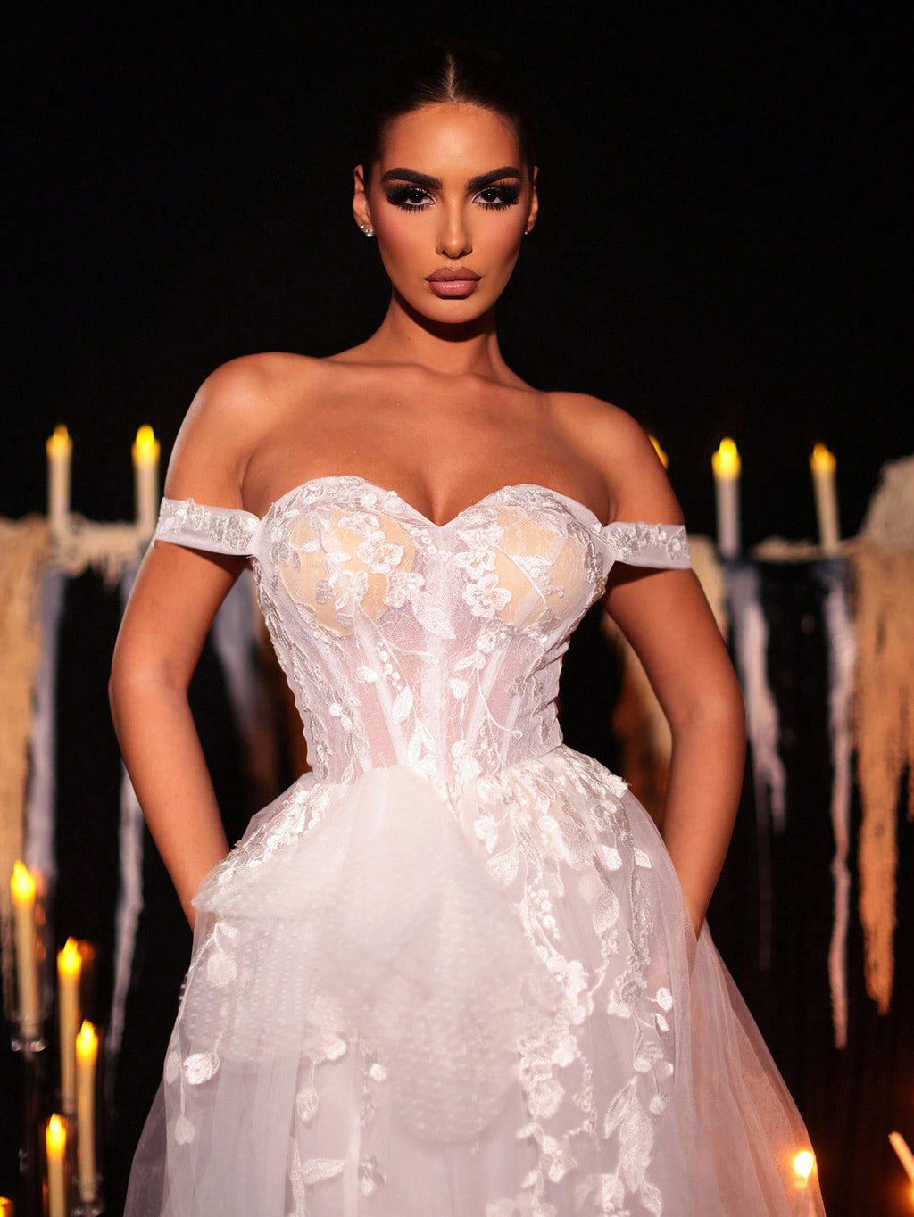 Glamrae White Spring Elegant Wedding Luxurious Embroidered Lace Applique Off Shoulder High Slit Maxi Dress - image 8