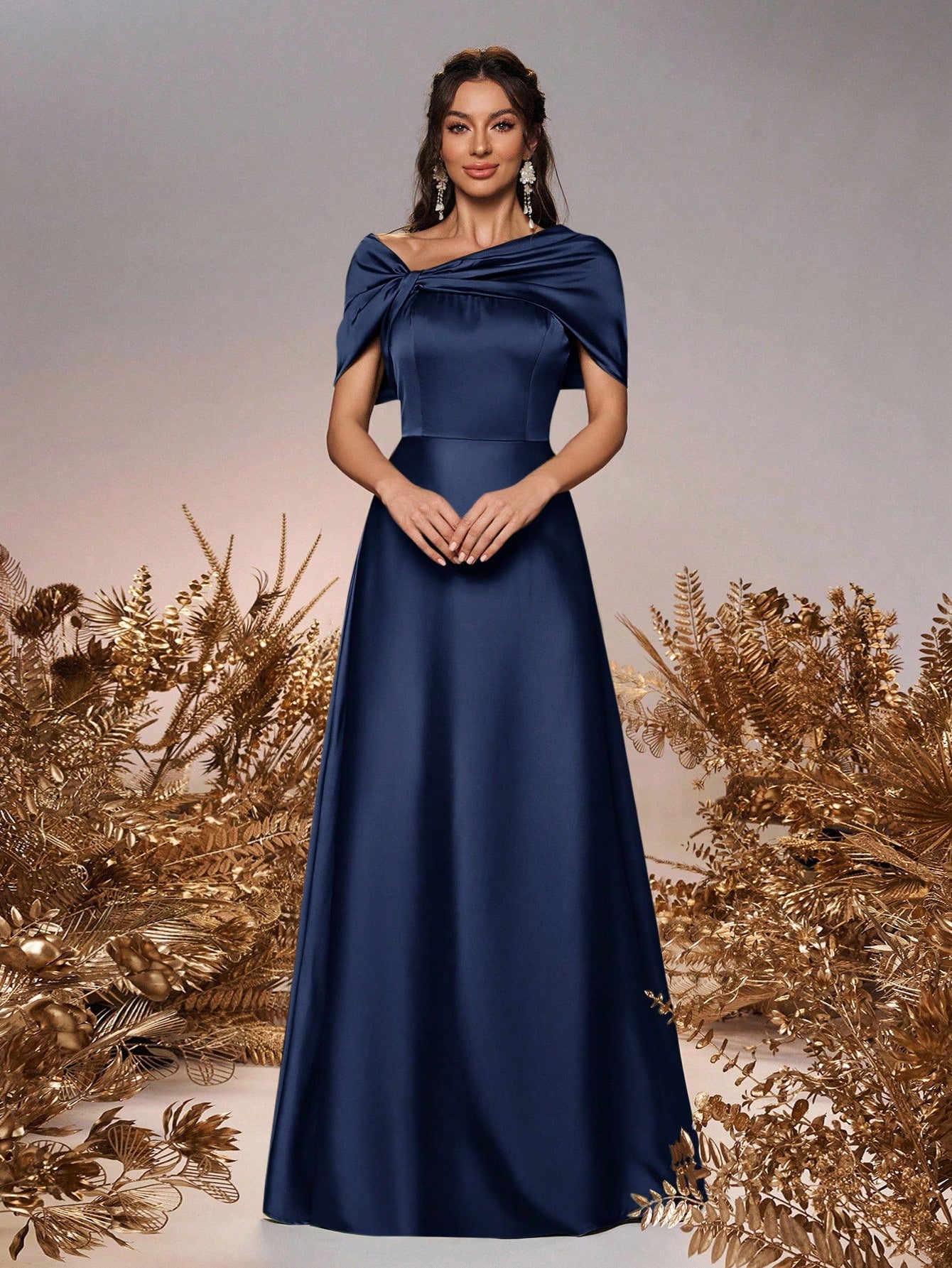 Belle Elegant And Romantic Green Satin Asymmetrical Neck Twisted