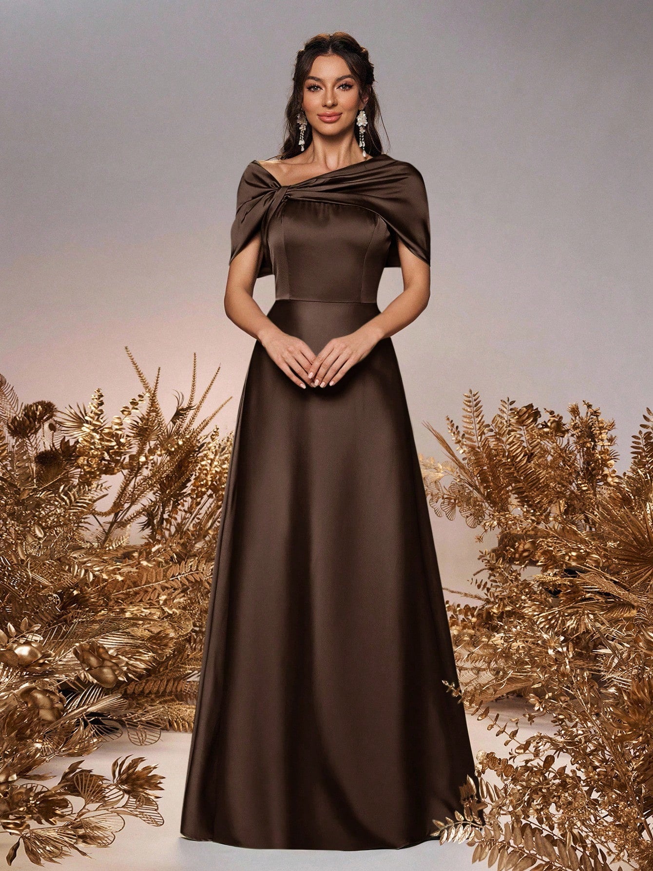 Belle Elegant And Romantic Green Satin Asymmetrical Neck Twisted Asymmetric Shawl Bow A-Line Hem Dress - image 15
