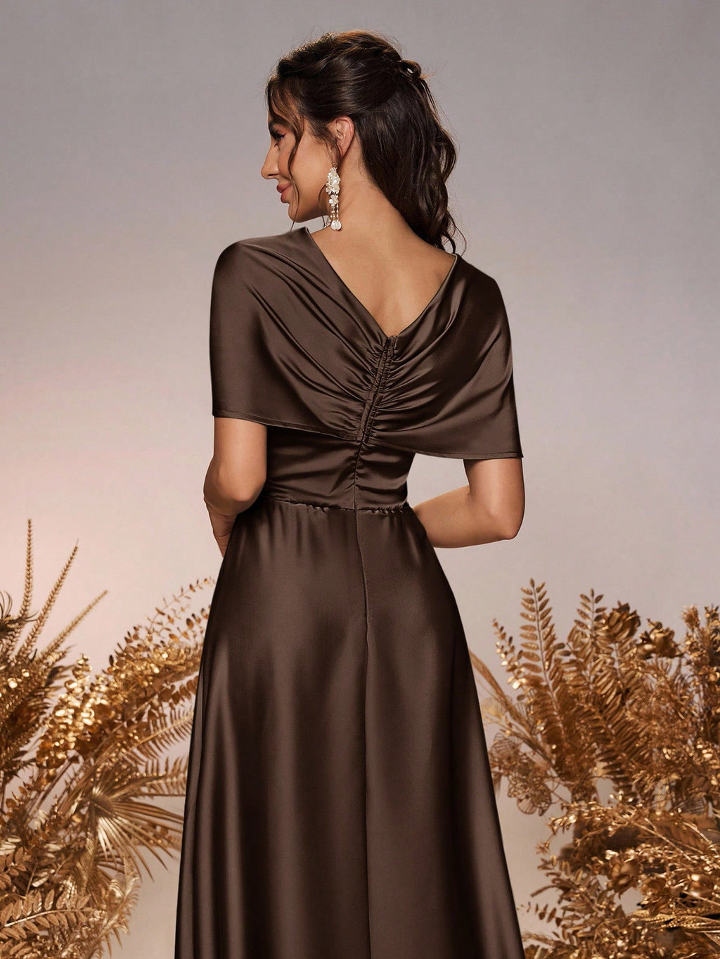 Belle Elegant And Romantic Green Satin Asymmetrical Neck Twisted Asymmetric Shawl Bow A-Line Hem Dress - image 17
