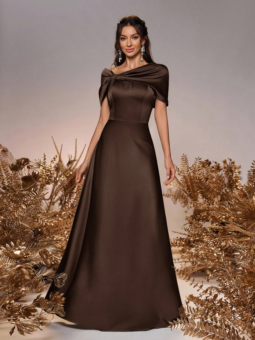 Belle Elegant And Romantic Green Satin Asymmetrical Neck Twisted Asymmetric Shawl Bow A-Line Hem Dress - image 18