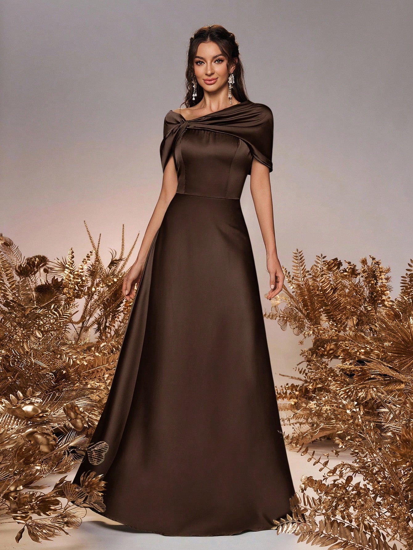 Belle Elegant And Romantic Green Satin Asymmetrical Neck Twisted Asymmetric Shawl Bow A-Line Hem Dress - image 18