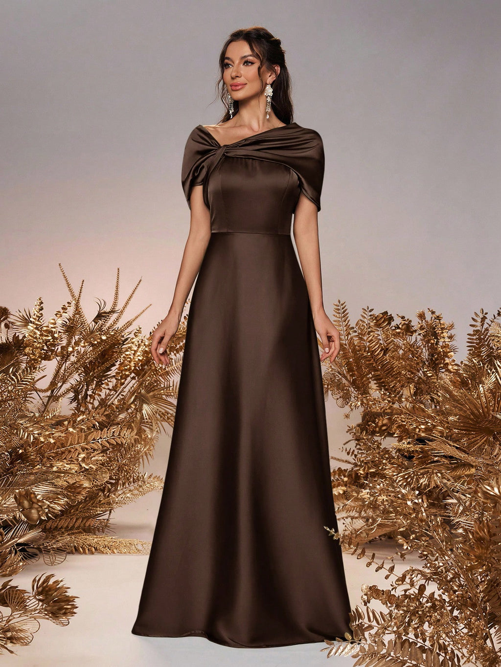 Belle Elegant And Romantic Green Satin Asymmetrical Neck Twisted Asymmetric Shawl Bow A-Line Hem Dress - image 19