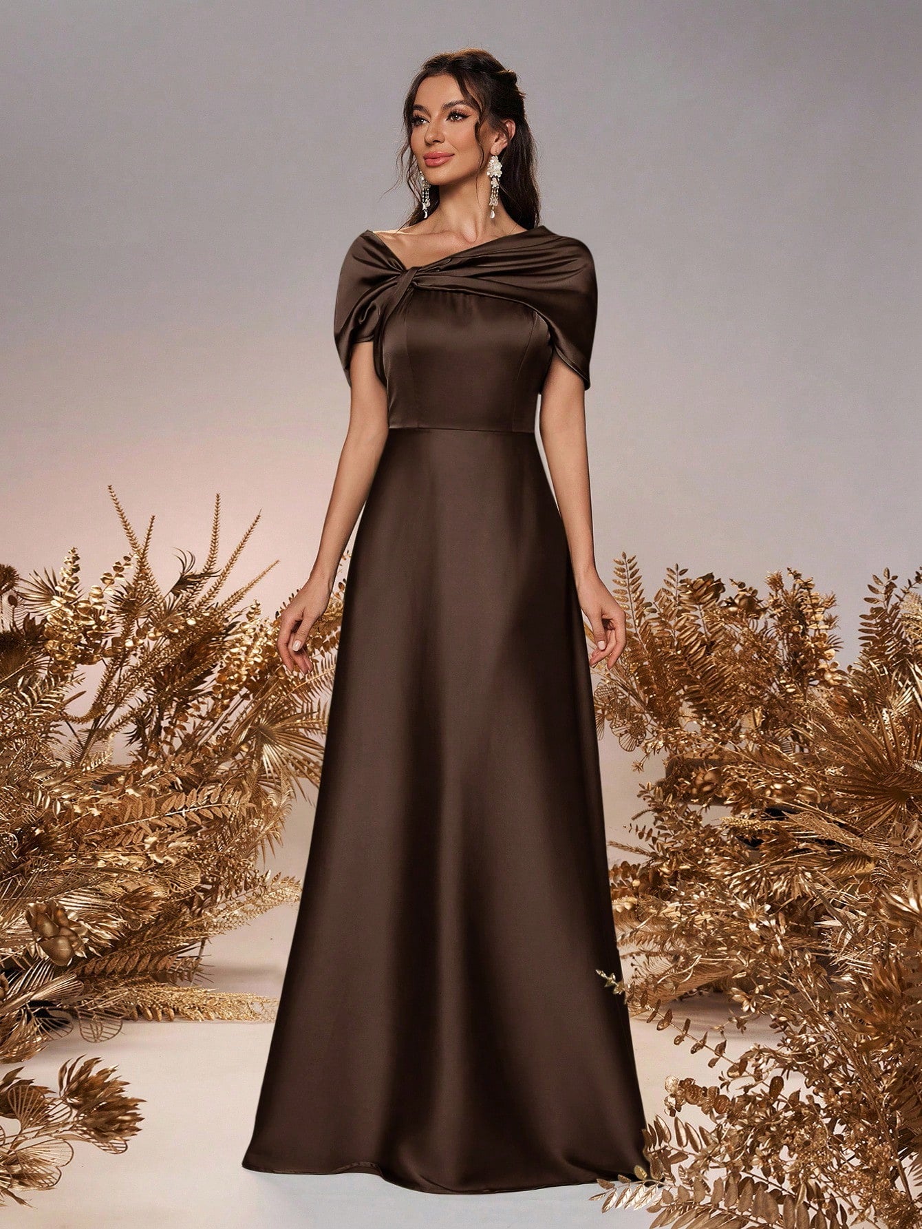 Belle Elegant And Romantic Green Satin Asymmetrical Neck Twisted Asymmetric Shawl Bow A-Line Hem Dress - image 19