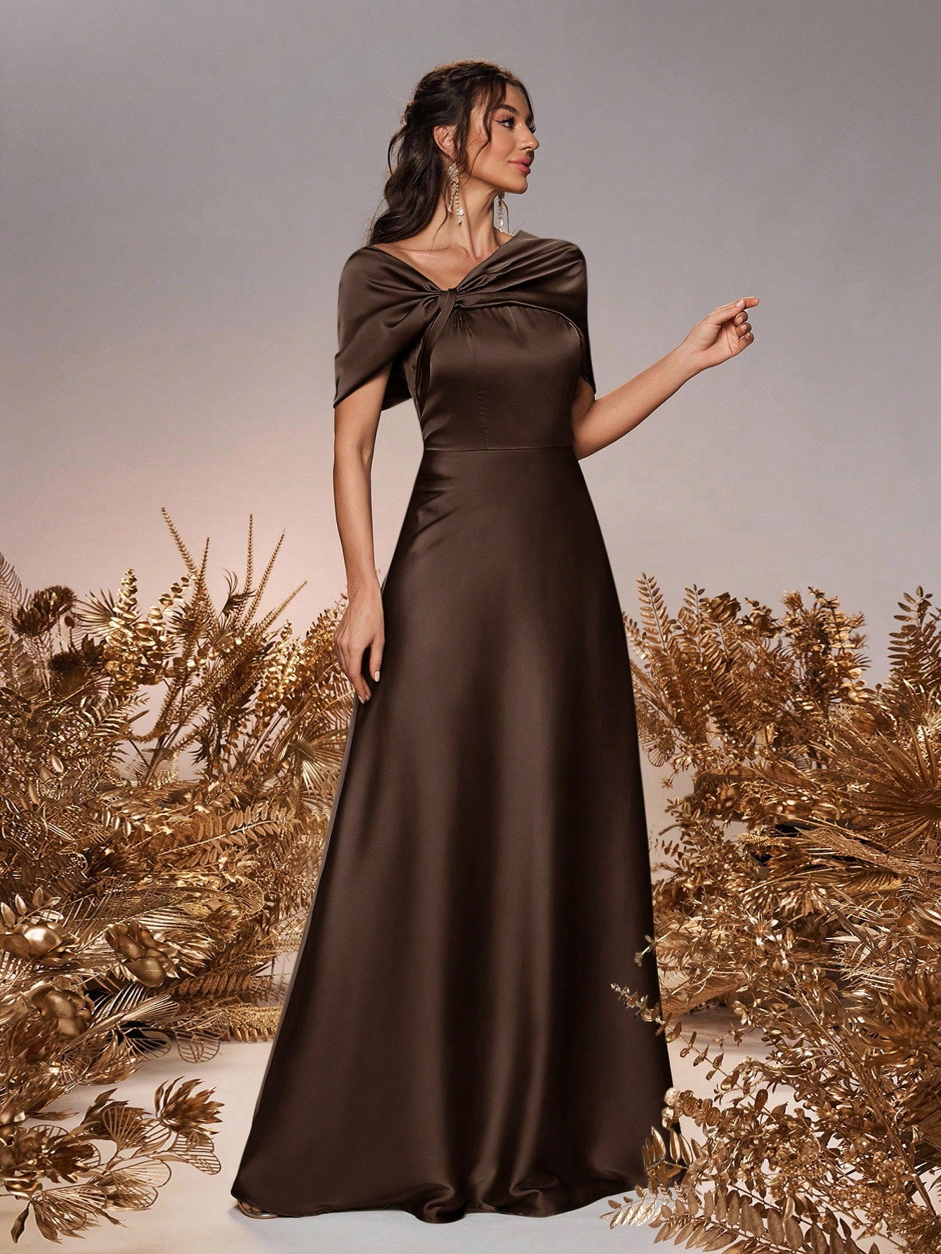 Belle Elegant And Romantic Green Satin Asymmetrical Neck Twisted Asymmetric Shawl Bow A-Line Hem Dress - image 20