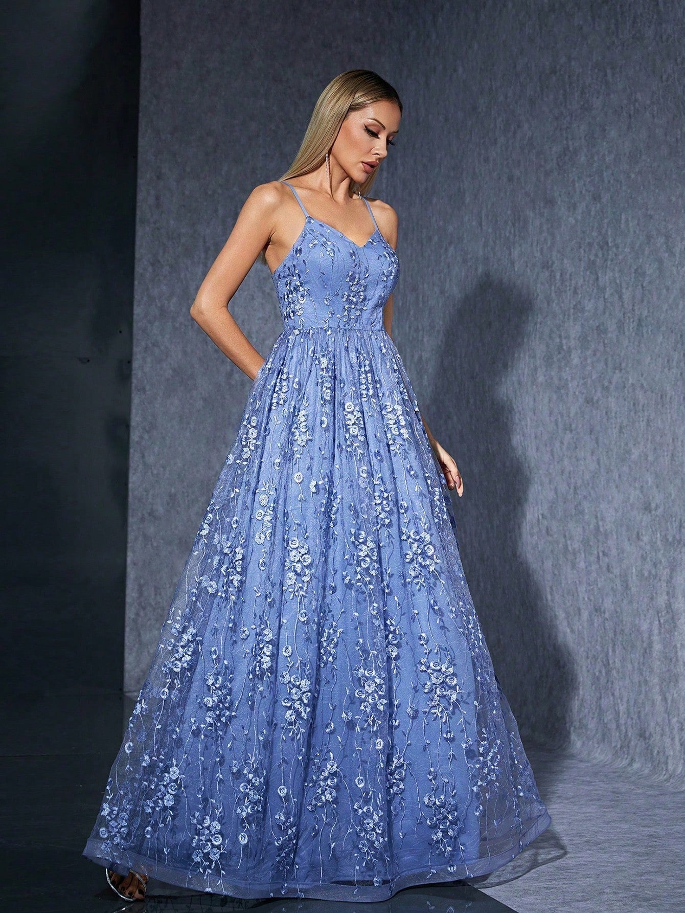 Elegant Spaghetti Strap Embroidered Lace Bridesmaid Maxi Dress - image 5