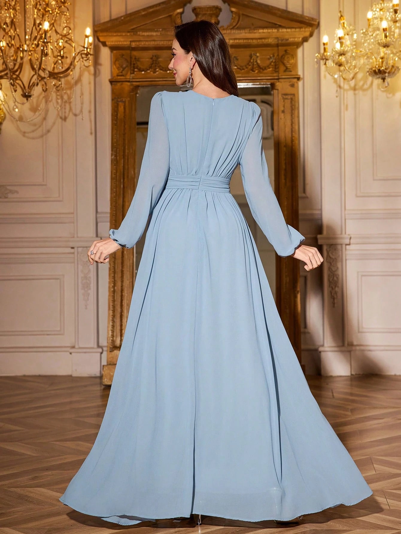 Volly Toych Elegant And Graceful Chiffon Bridesmaid Dress, Unlined Sleeves, Ruched Bust, Round Neck, Bishop - image 2
