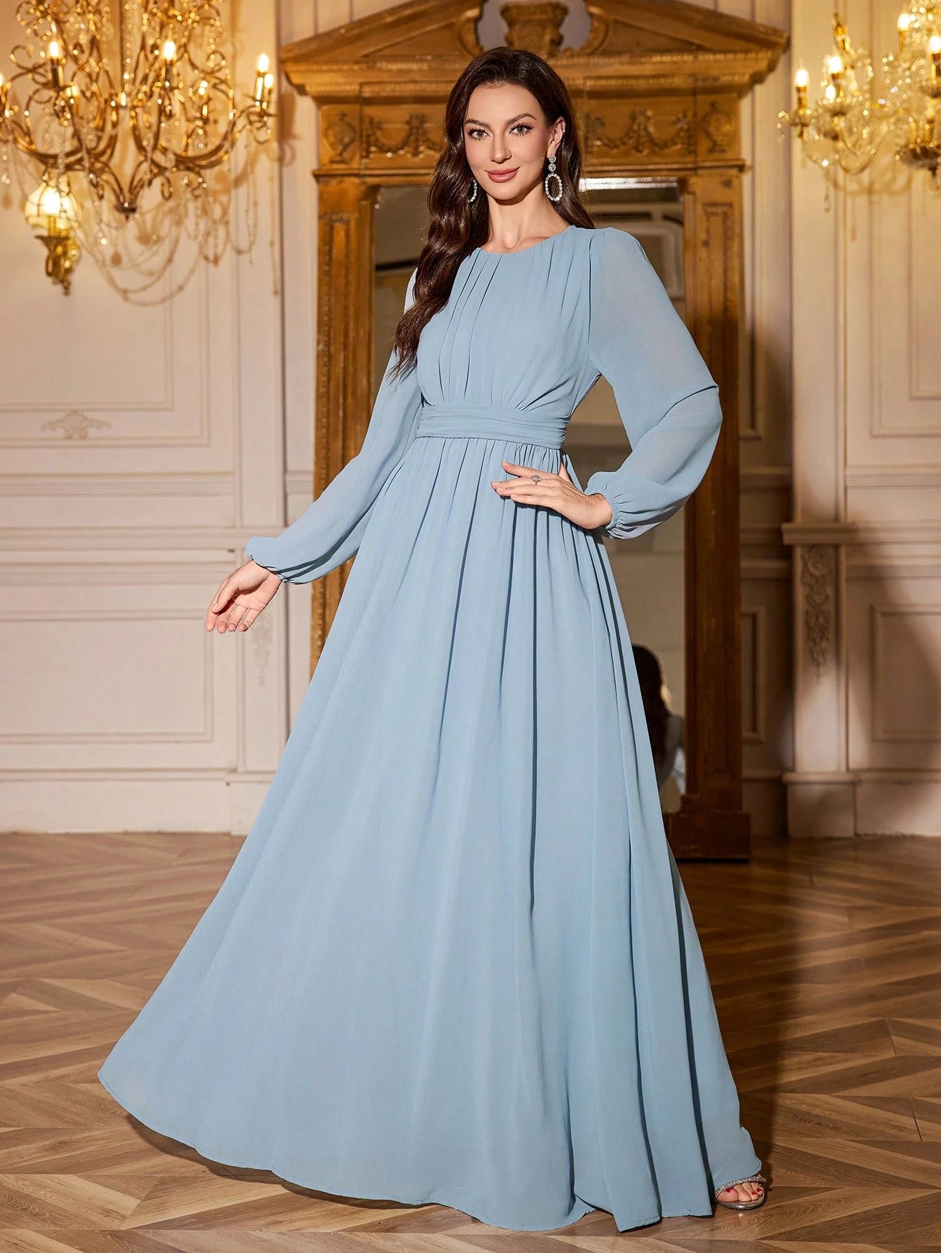 Volly Toych Elegant And Graceful Chiffon Bridesmaid Dress, Unlined Sleeves, Ruched Bust, Round Neck, Bishop - image 5