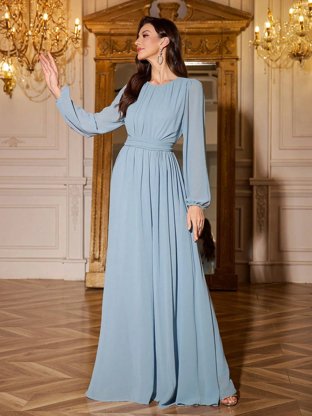 Volly Toych Elegant And Graceful Chiffon Bridesmaid Dress, Unlined Sleeves, Ruched Bust, Round Neck, Bishop - image 4