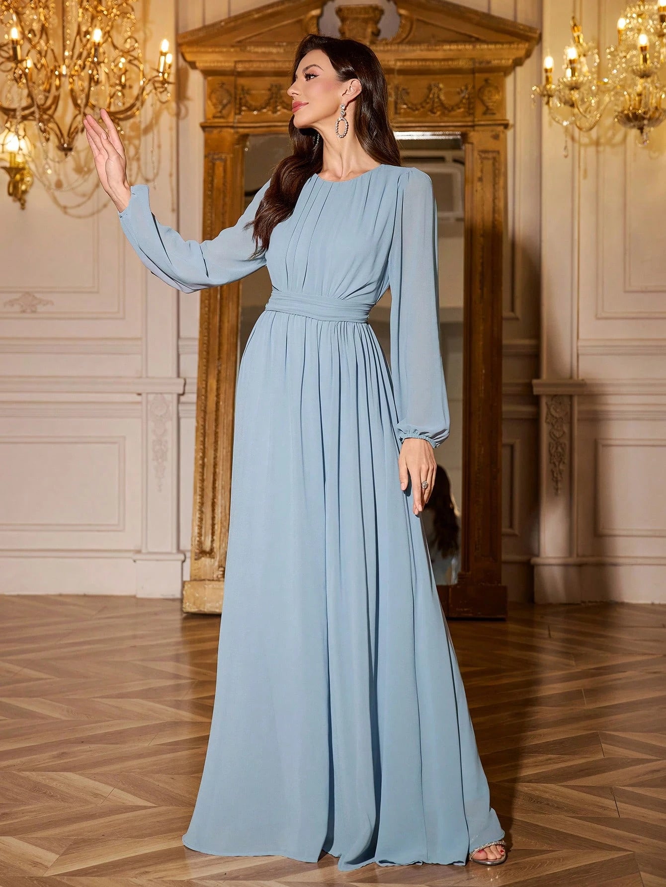 Volly Toych Elegant And Graceful Chiffon Bridesmaid Dress, Unlined Sleeves, Ruched Bust, Round Neck, Bishop - image 4