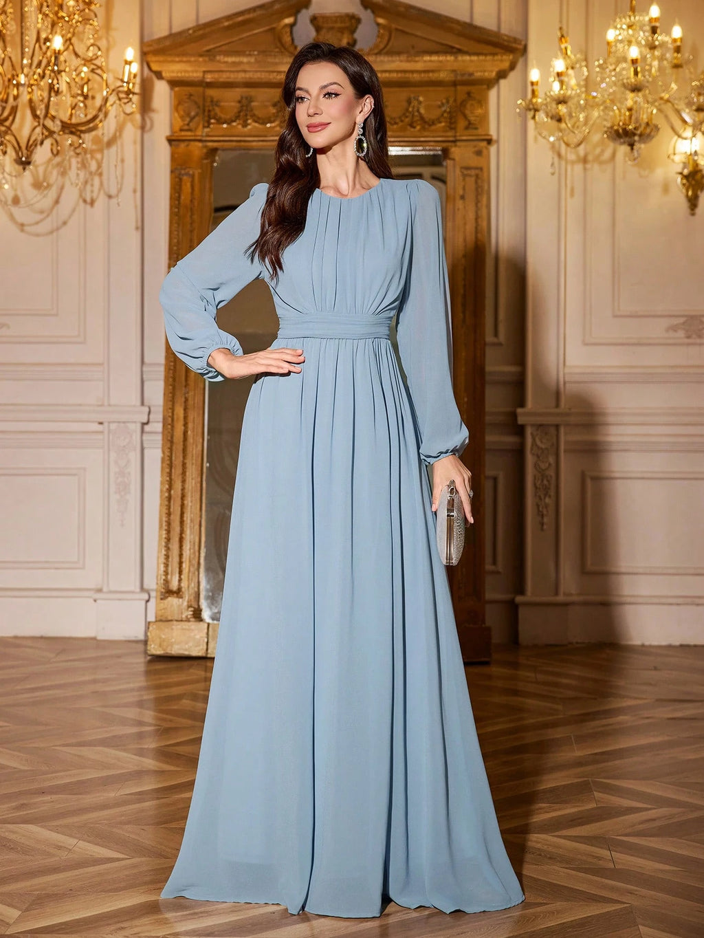 Volly Toych Elegant And Graceful Chiffon Bridesmaid Dress, Unlined Sleeves, Ruched Bust, Round Neck, Bishop