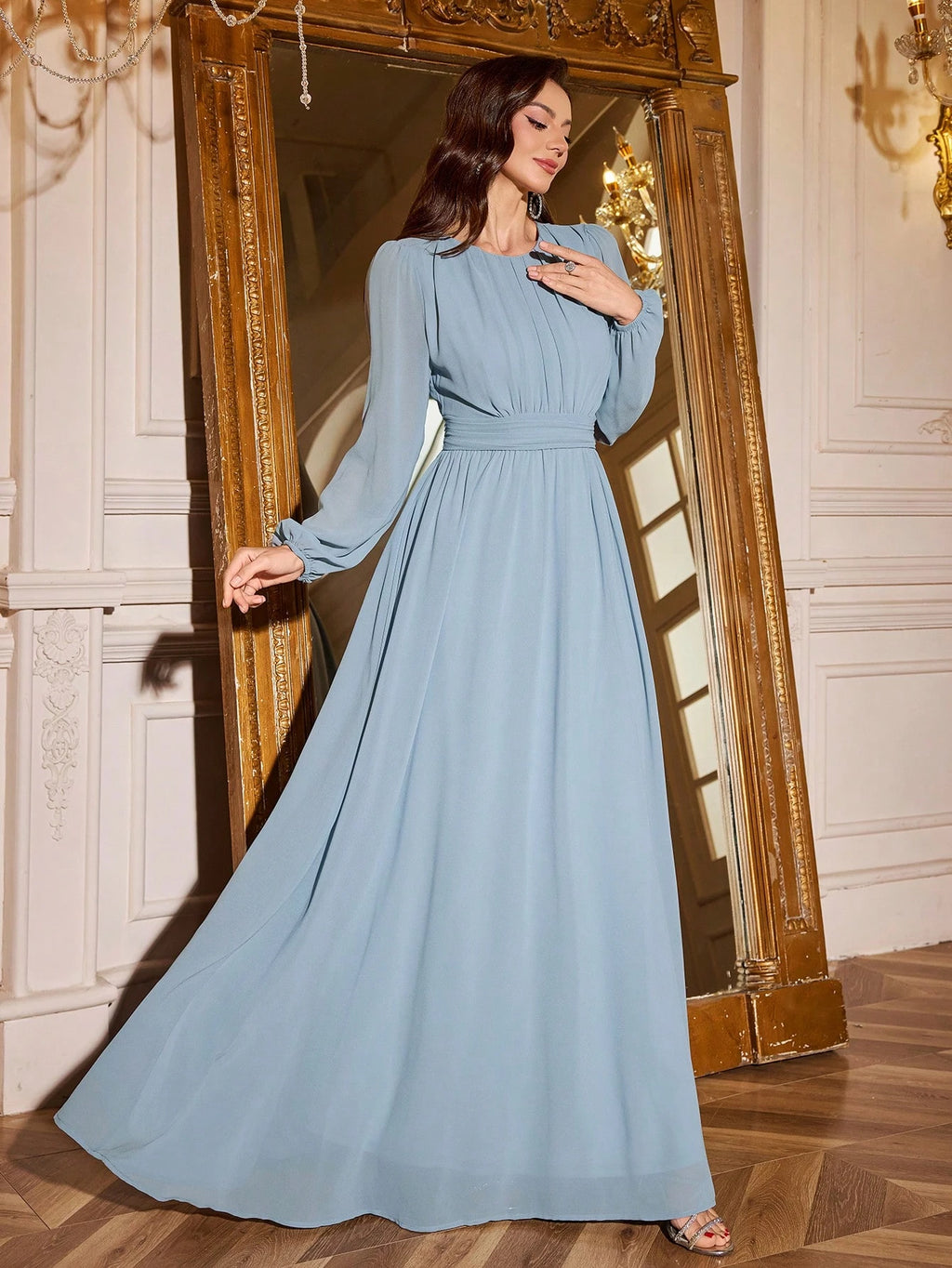 Volly Toych Elegant And Graceful Chiffon Bridesmaid Dress, Unlined Sleeves, Ruched Bust, Round Neck, Bishop - image 7