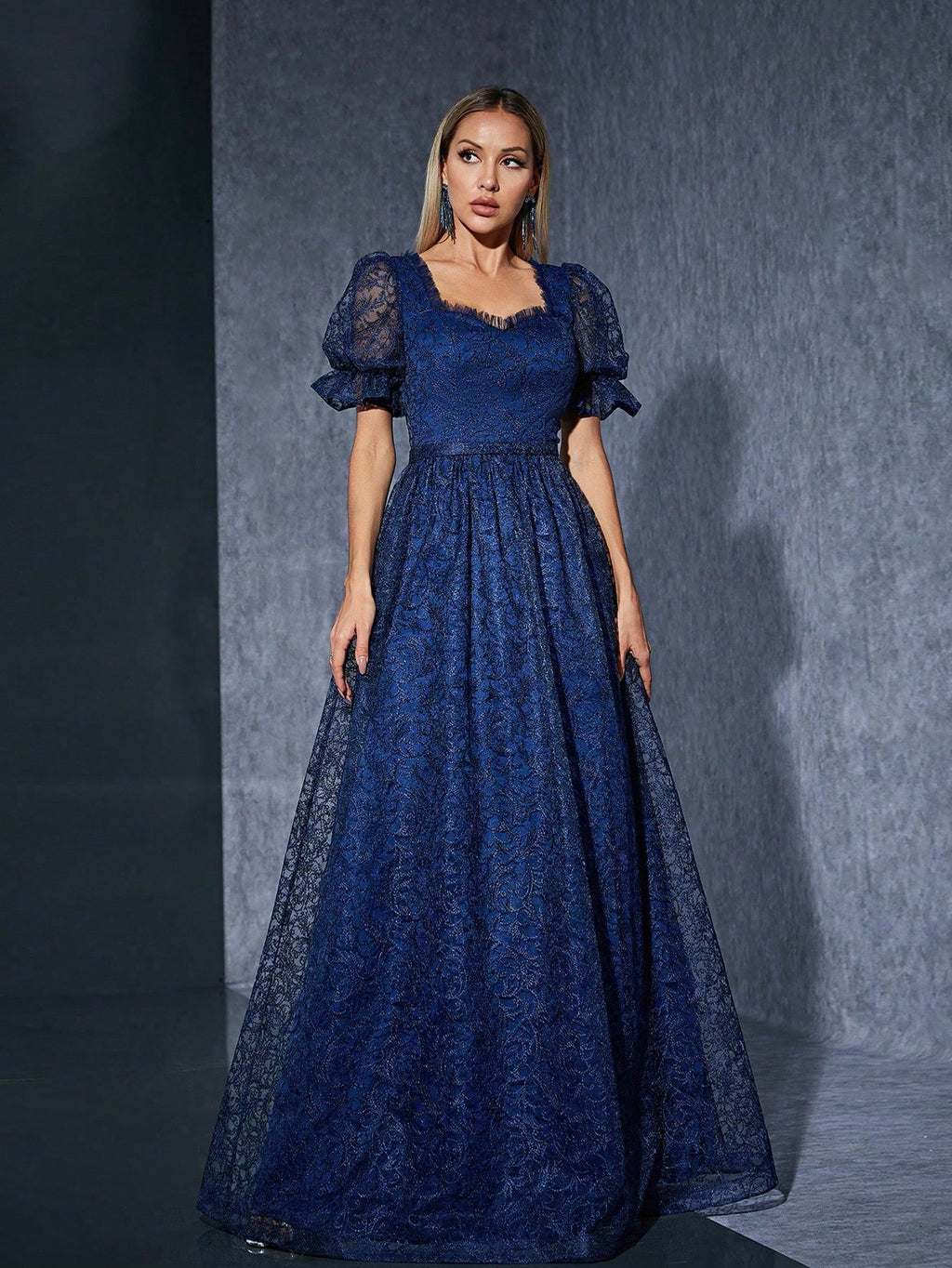 Elegant Lace Puff Sleeve Bridesmaid Dress, High-End Evening Gown