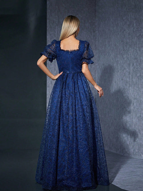 Elegant Lace Puff Sleeve Bridesmaid Dress, High-End Evening Gown - image 2