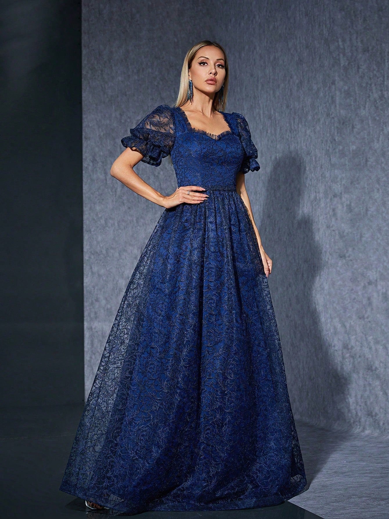 Elegant Lace Puff Sleeve Bridesmaid Dress, High-End Evening Gown - image 4