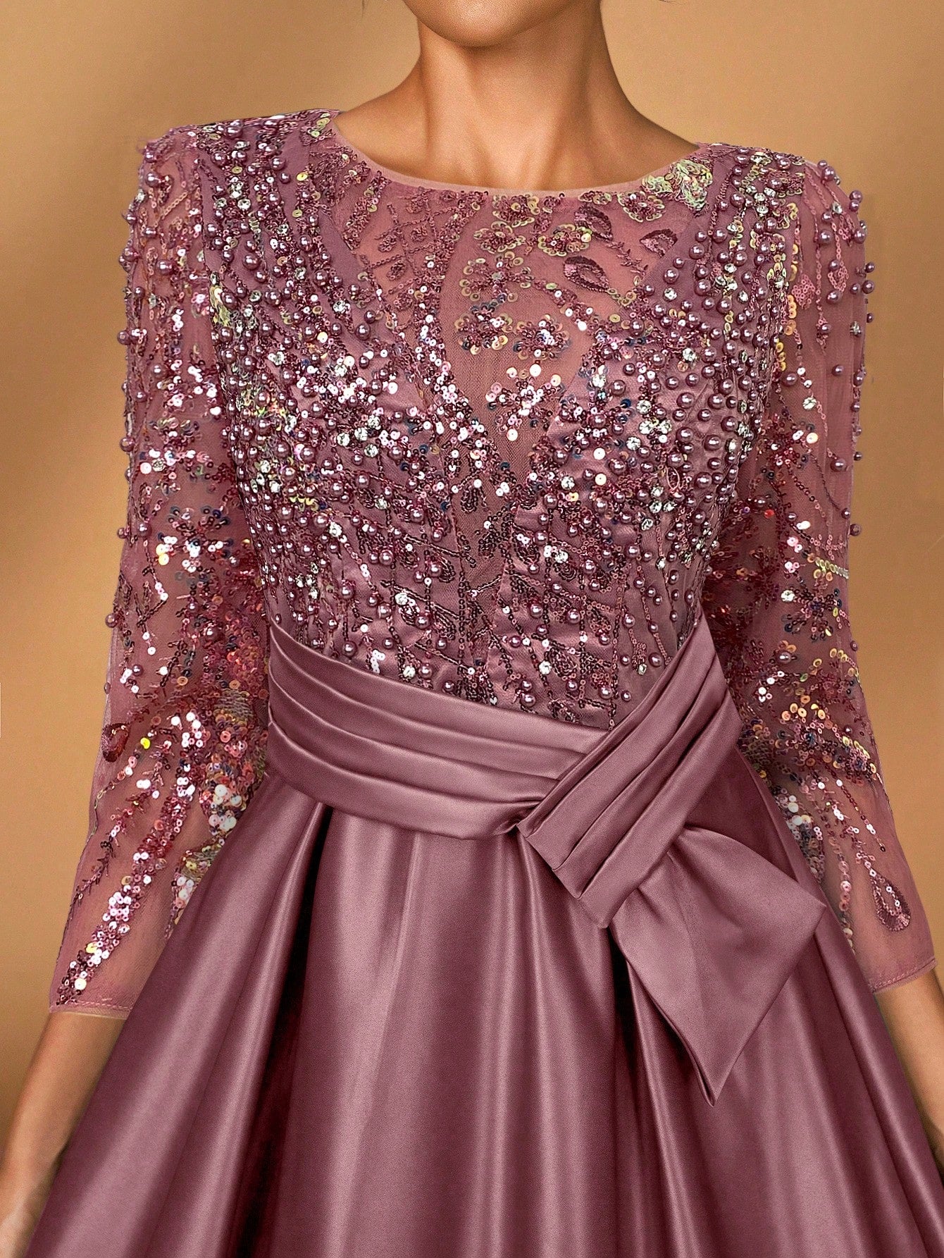 Serin Elegant Luxurious Rosegold Sheer Long Sleeve Embroidered Lace Floral Pearl Bow Flared Winter Formal - image 8
