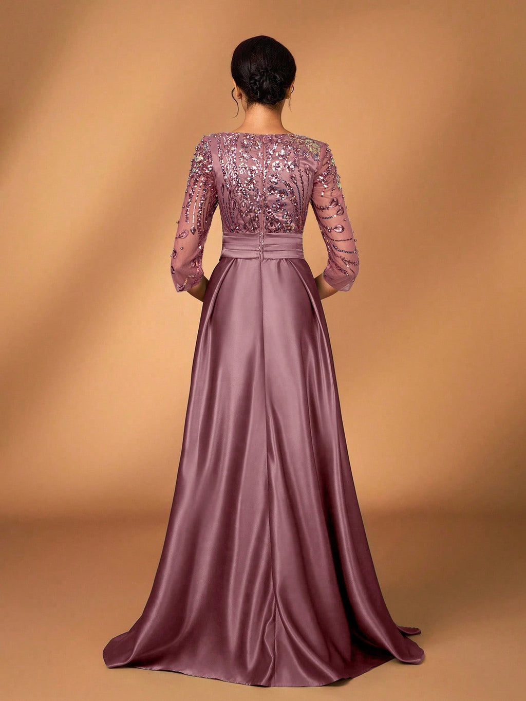 Serin Elegant Luxurious Rosegold Sheer Long Sleeve Embroidered Lace Floral Pearl Bow Flared Winter Formal - image 9