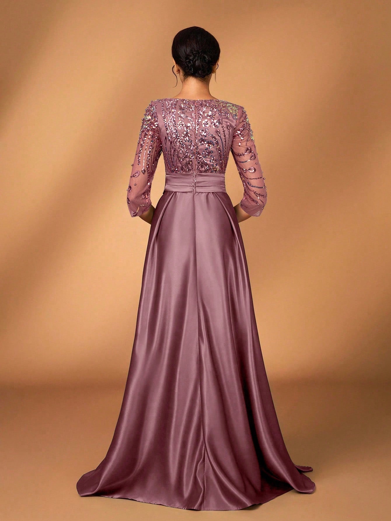 Serin Elegant Luxurious Rosegold Sheer Long Sleeve Embroidered Lace Floral Pearl Bow Flared Winter Formal - image 9