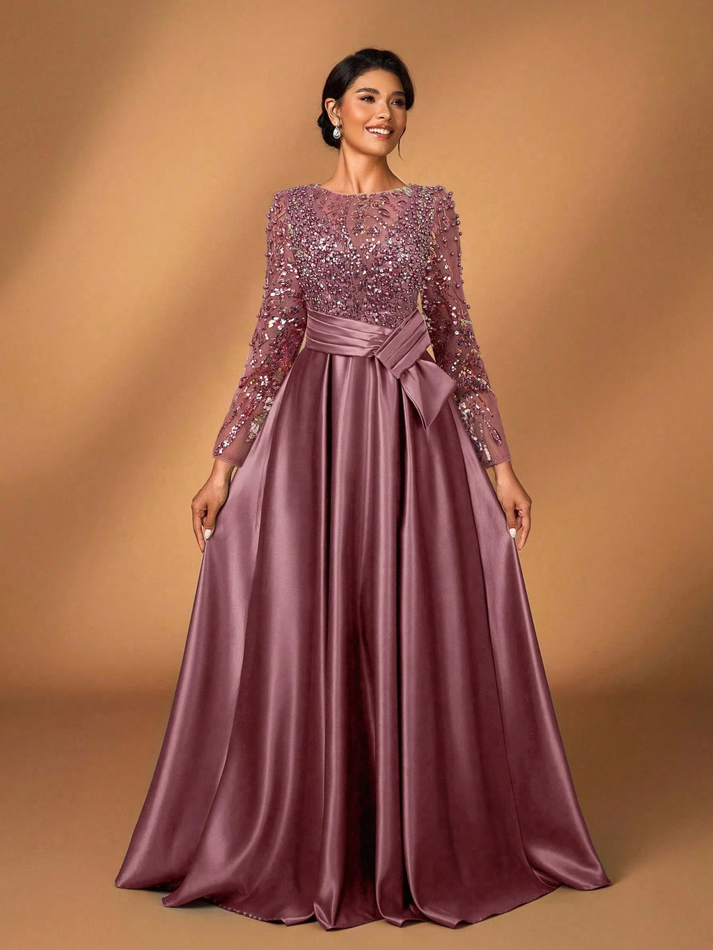Serin Elegant Luxurious Rosegold Sheer Long Sleeve Embroidered Lace Floral Pearl Bow Flared Winter Formal - image 10