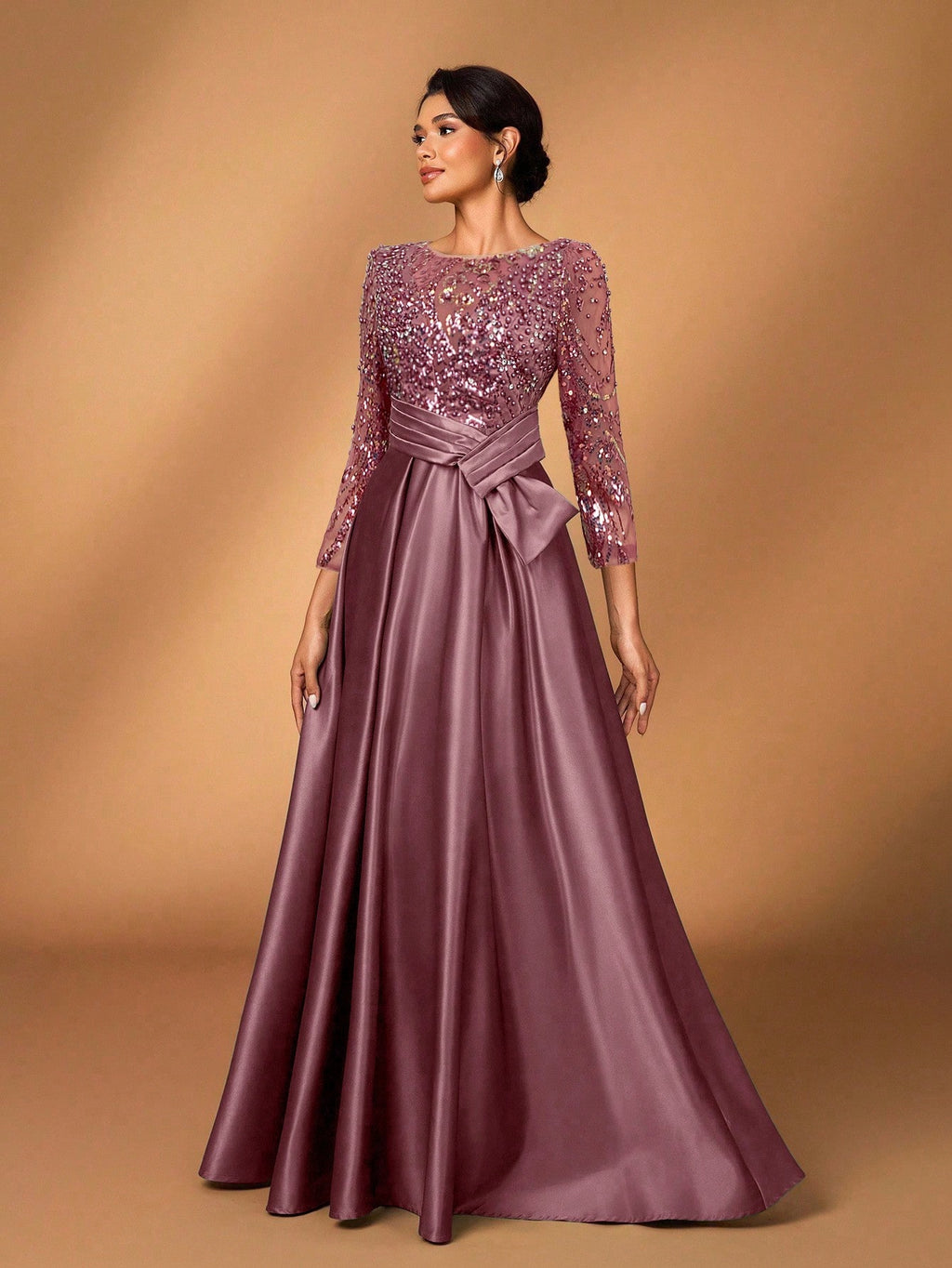 Serin Elegant Luxurious Rosegold Sheer Long Sleeve Embroidered Lace Floral Pearl Bow Flared Winter Formal - image 18