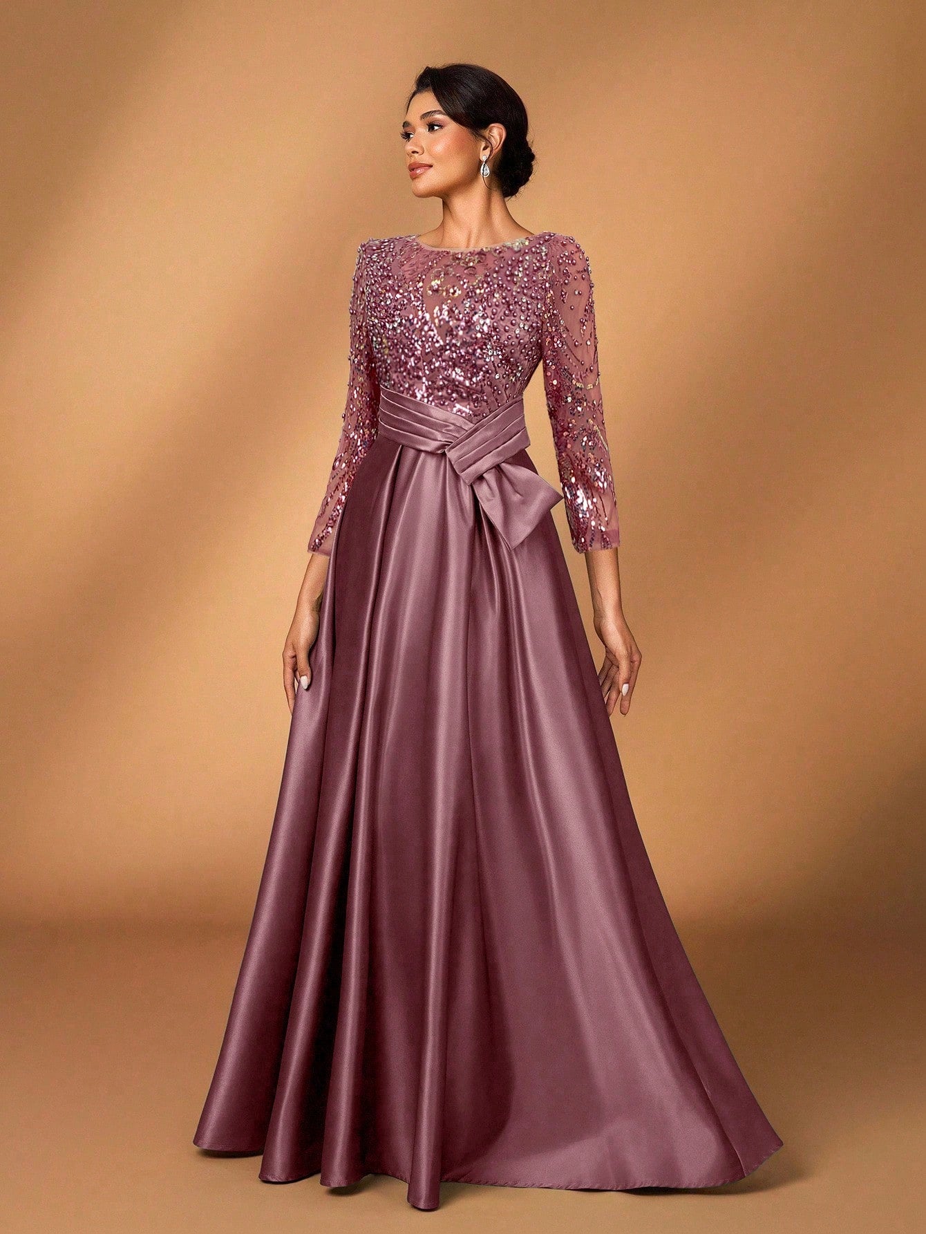 Serin Elegant Luxurious Rosegold Sheer Long Sleeve Embroidered Lace Floral Pearl Bow Flared Winter Formal - image 18