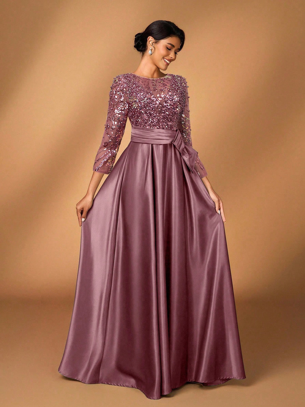 Serin Elegant Luxurious Rosegold Sheer Long Sleeve Embroidered Lace Floral Pearl Bow Flared Winter Formal - image 19