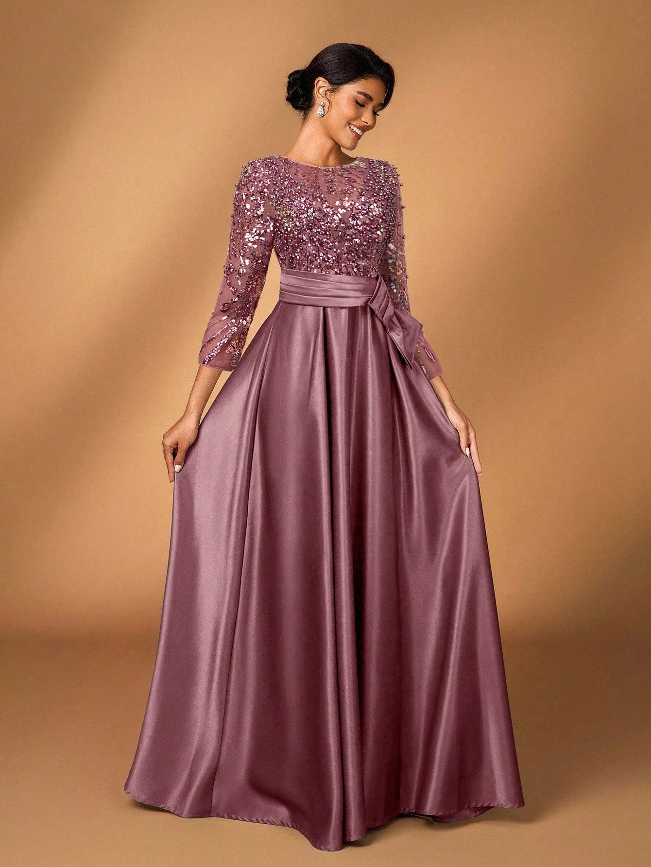 Serin Elegant Luxurious Rosegold Sheer Long Sleeve Embroidered Lace Floral Pearl Bow Flared Winter Formal - image 19