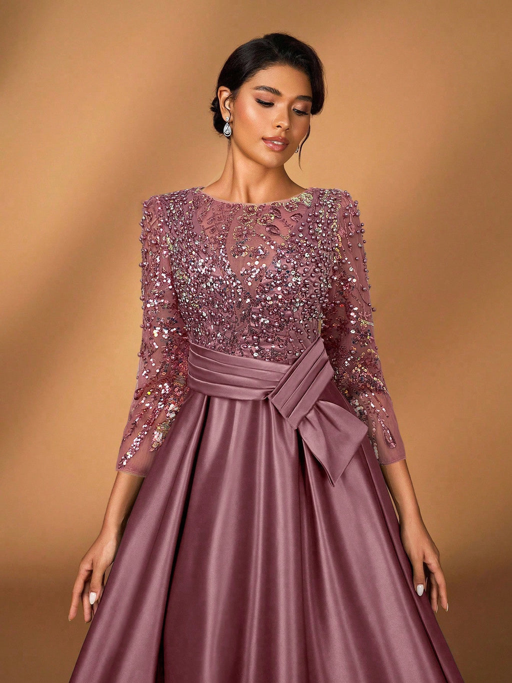 Serin Elegant Luxurious Rosegold Sheer Long Sleeve Embroidered Lace Floral Pearl Bow Flared Winter Formal - image 20