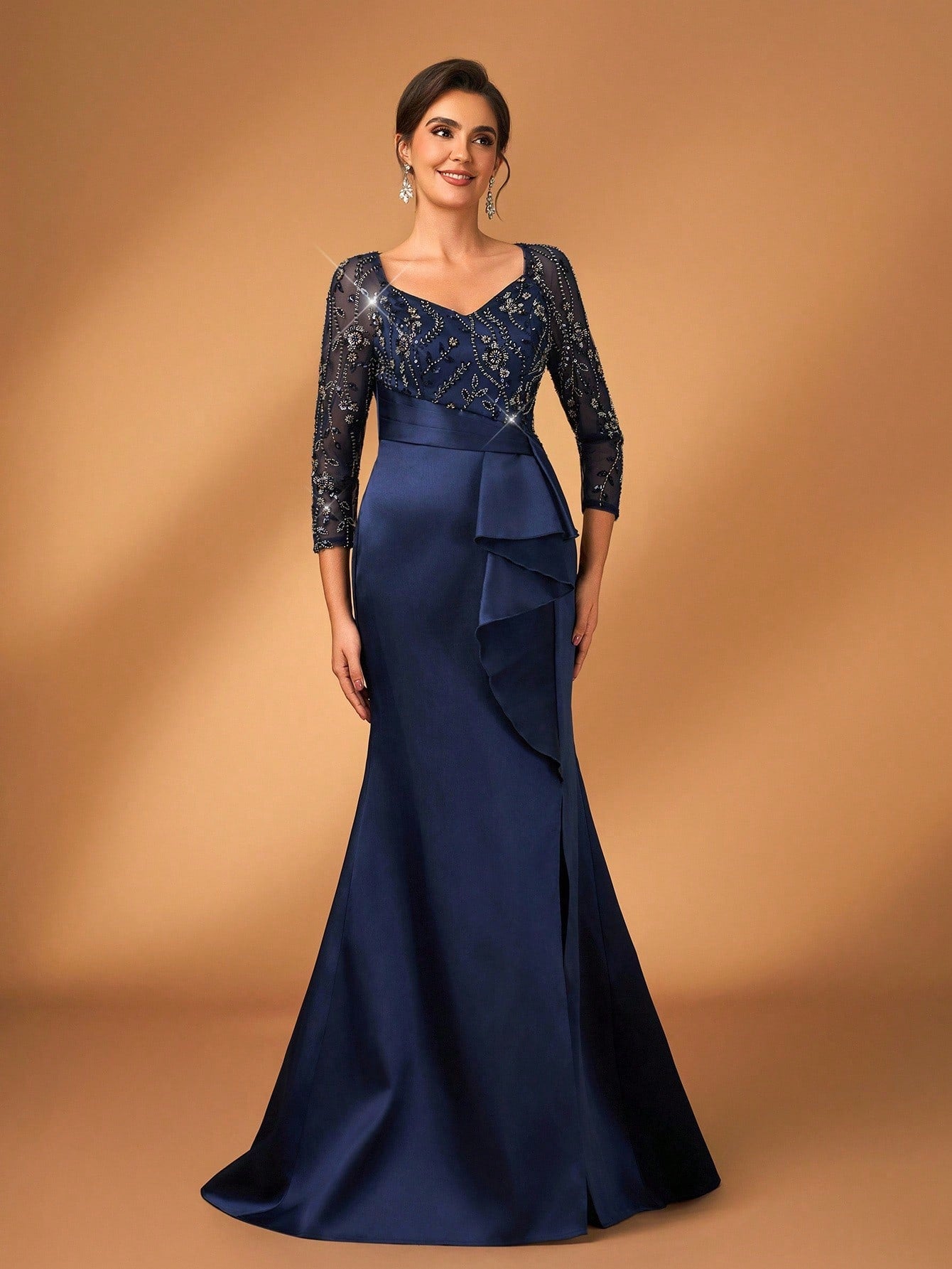 Serin Midnight Blue,Spring,Formal,Evening,Formal,Wedding Mother Of The Bride Dress,Pearl Sequin Floral Lace - image 6