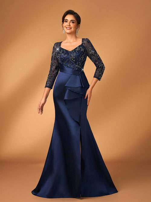 Serin Midnight Blue,Spring,Formal,Evening,Formal,Wedding Mother Of The Bride Dress,Pearl Sequin Floral Lace