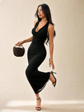 PETITE Women's Elegant Black Summer Bodycon Maxi Dress,Mesh Halter