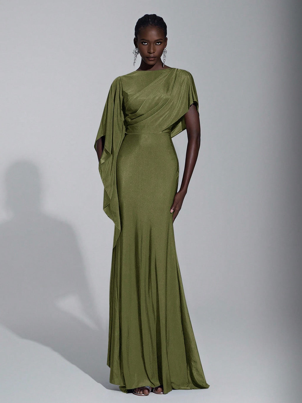 Elitara Elegant,Summer Olive Green Knitted Fishtail Skirt With Large Ruffled Sleeves,Short Train,Evening - image 2