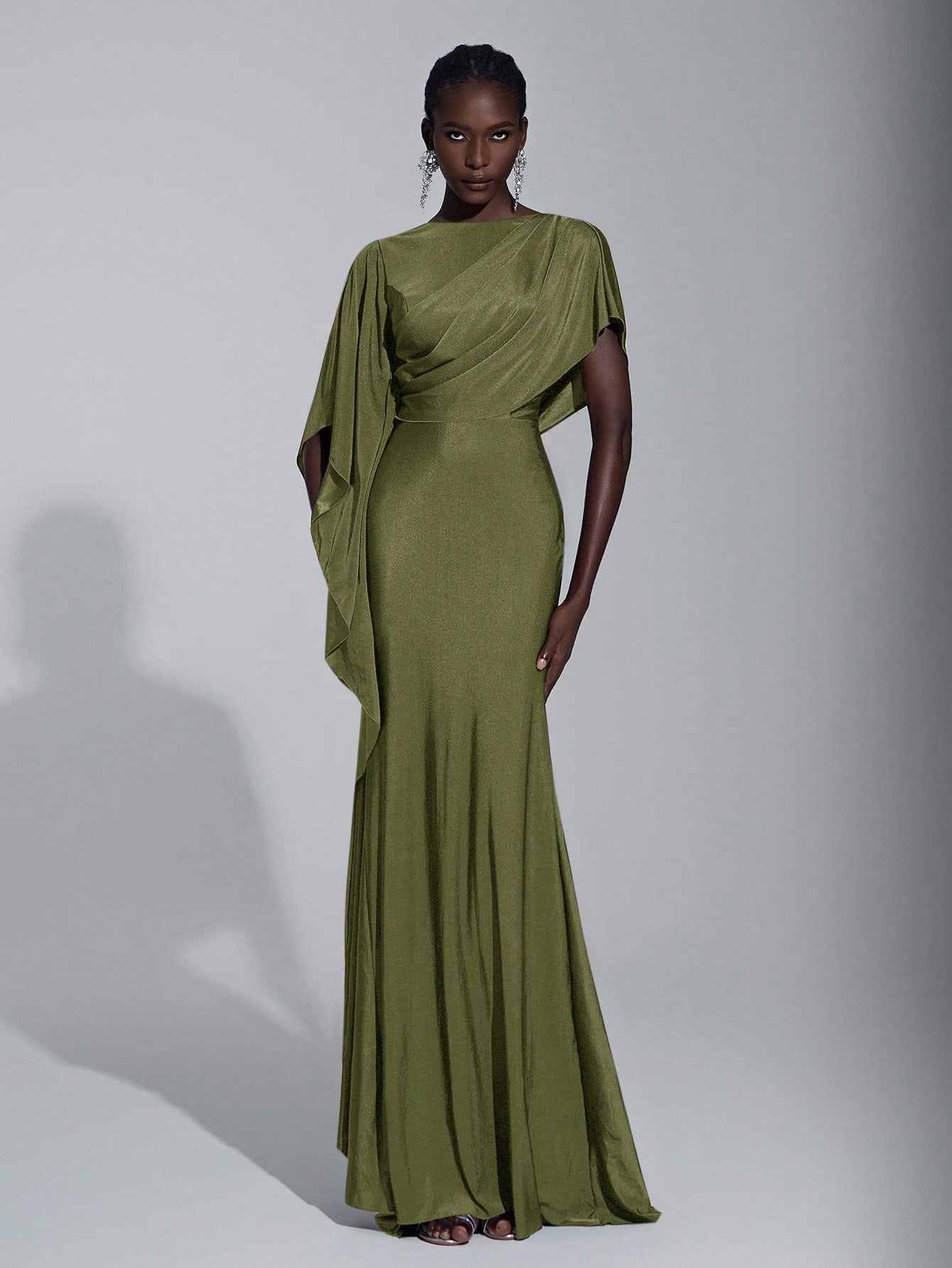 Elitara Elegant,Summer Olive Green Knitted Fishtail Skirt With Large Ruffled Sleeves,Short Train,Evening - image 2