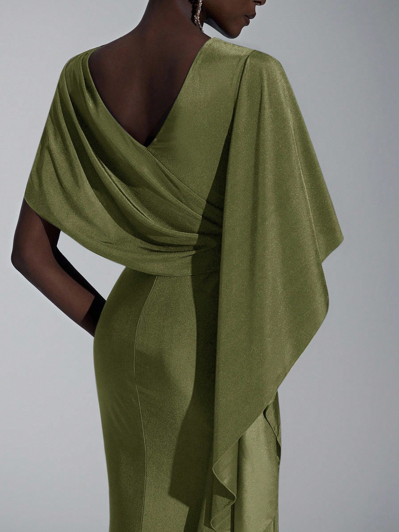 Elitara Elegant,Summer Olive Green Knitted Fishtail Skirt With Large Ruffled Sleeves,Short Train,Evening - image 3