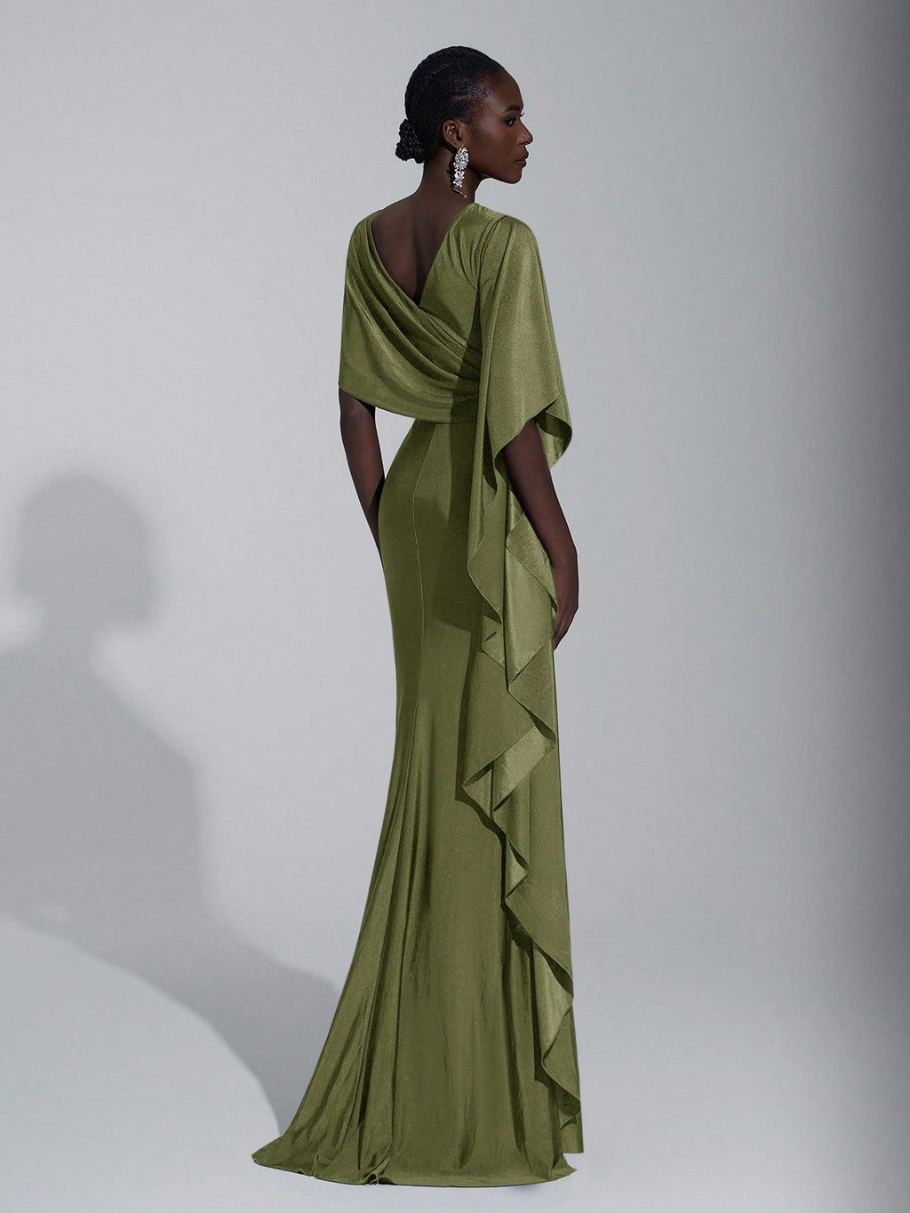 Elitara Elegant,Summer Olive Green Knitted Fishtail Skirt With Large Ruffled Sleeves,Short Train,Evening - image 4