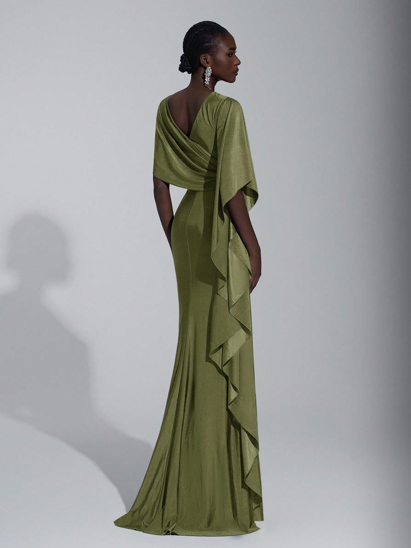 Elitara Elegant,Summer Olive Green Knitted Fishtail Skirt With Large Ruffled Sleeves,Short Train,Evening - image 4