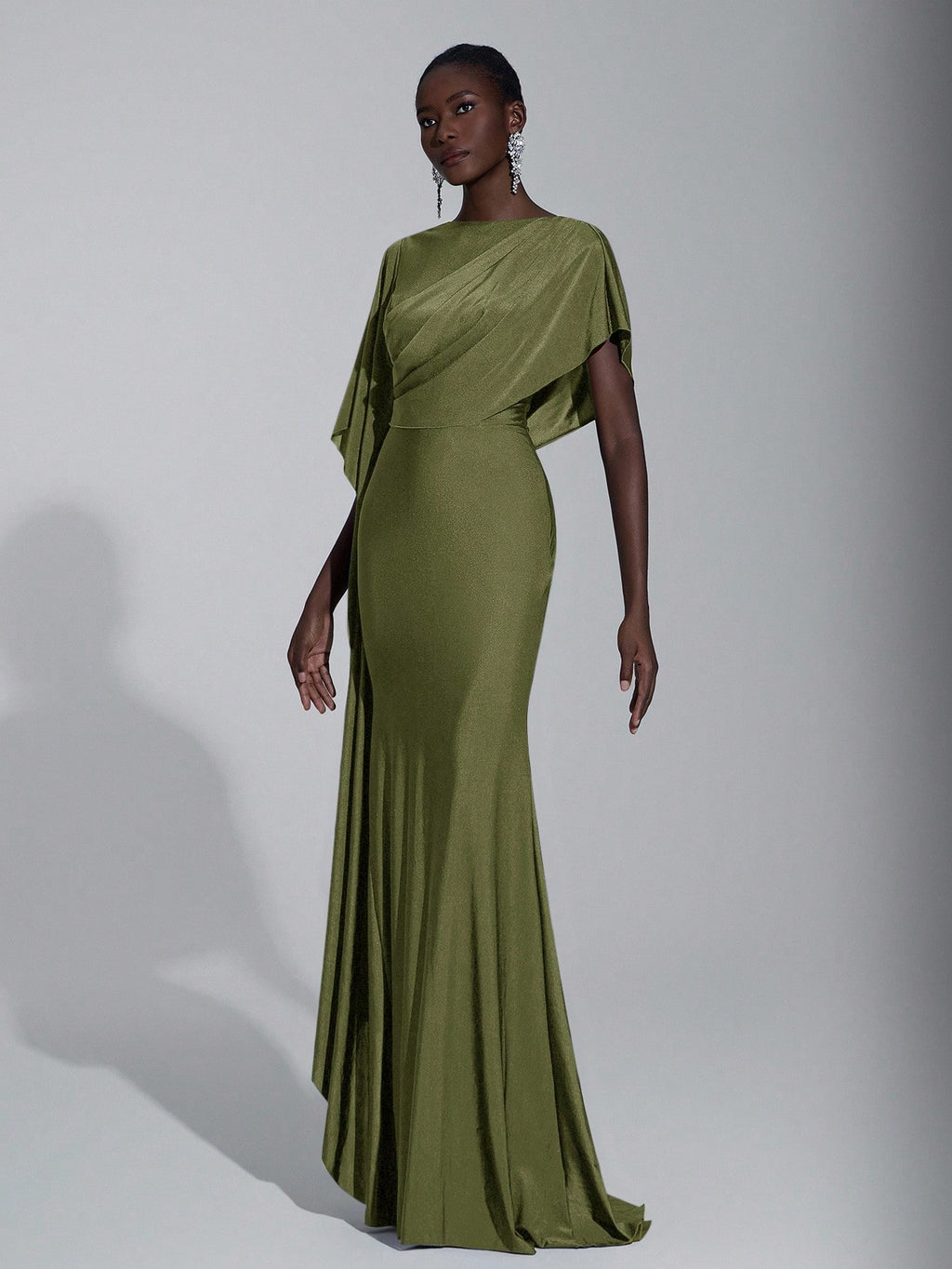 Elitara Elegant,Summer Olive Green Knitted Fishtail Skirt With Large Ruffled Sleeves,Short Train,Evening - image 5