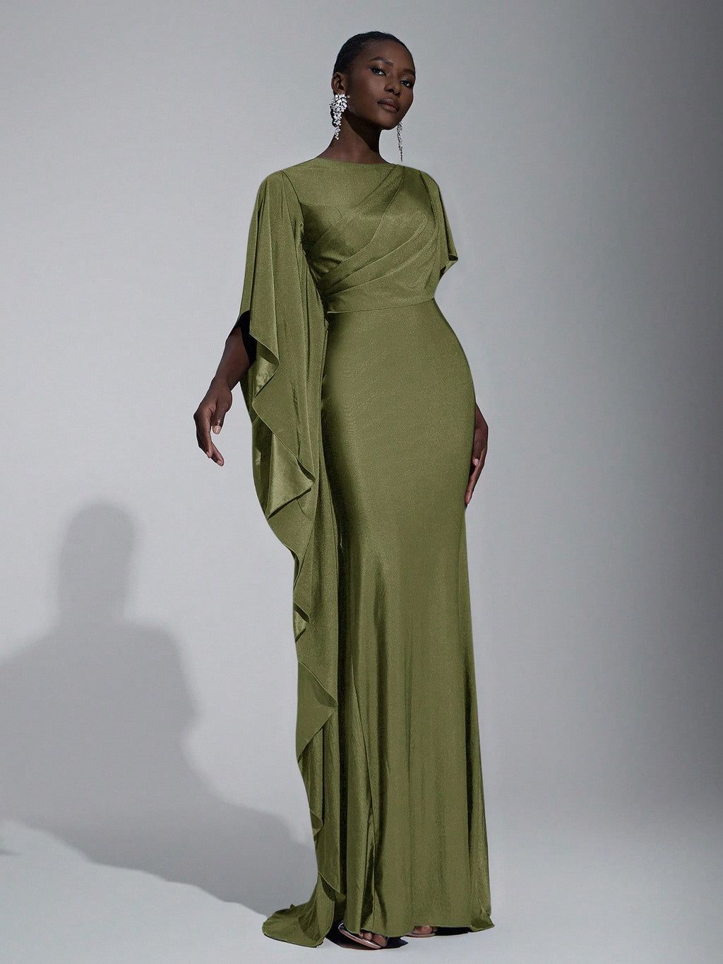 Elitara Elegant,Summer Olive Green Knitted Fishtail Skirt With Large Ruffled Sleeves,Short Train,Evening